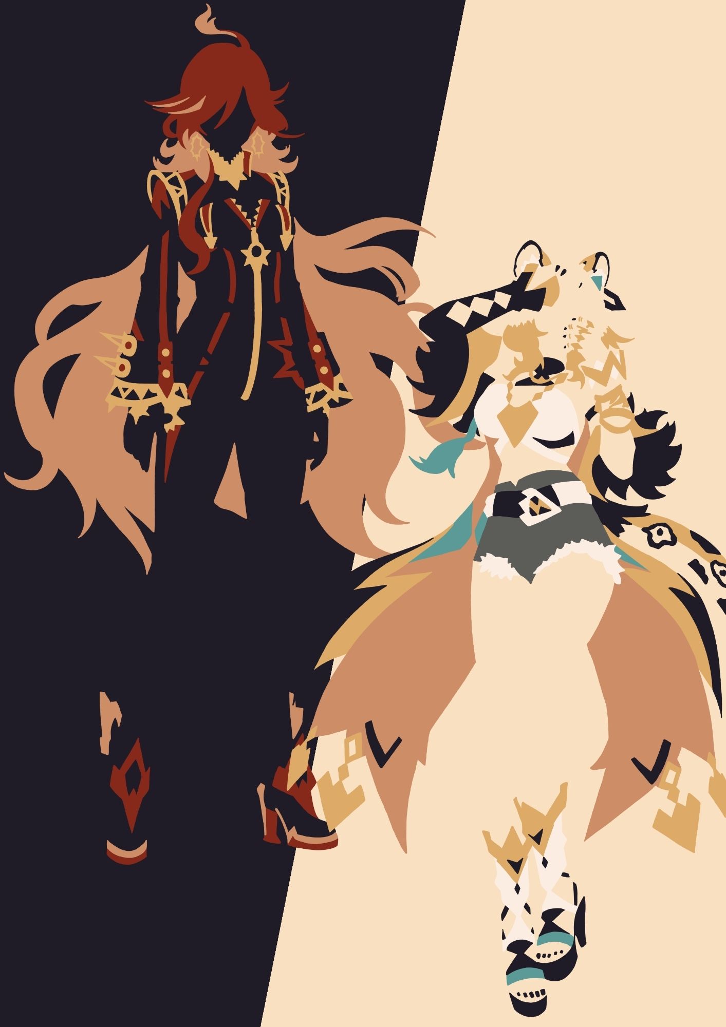 Mavuika and Xilonen from Genshin Impact, in a minimalist style.
Mavuika is standing, looking defiant, while Xilonen is lounging.