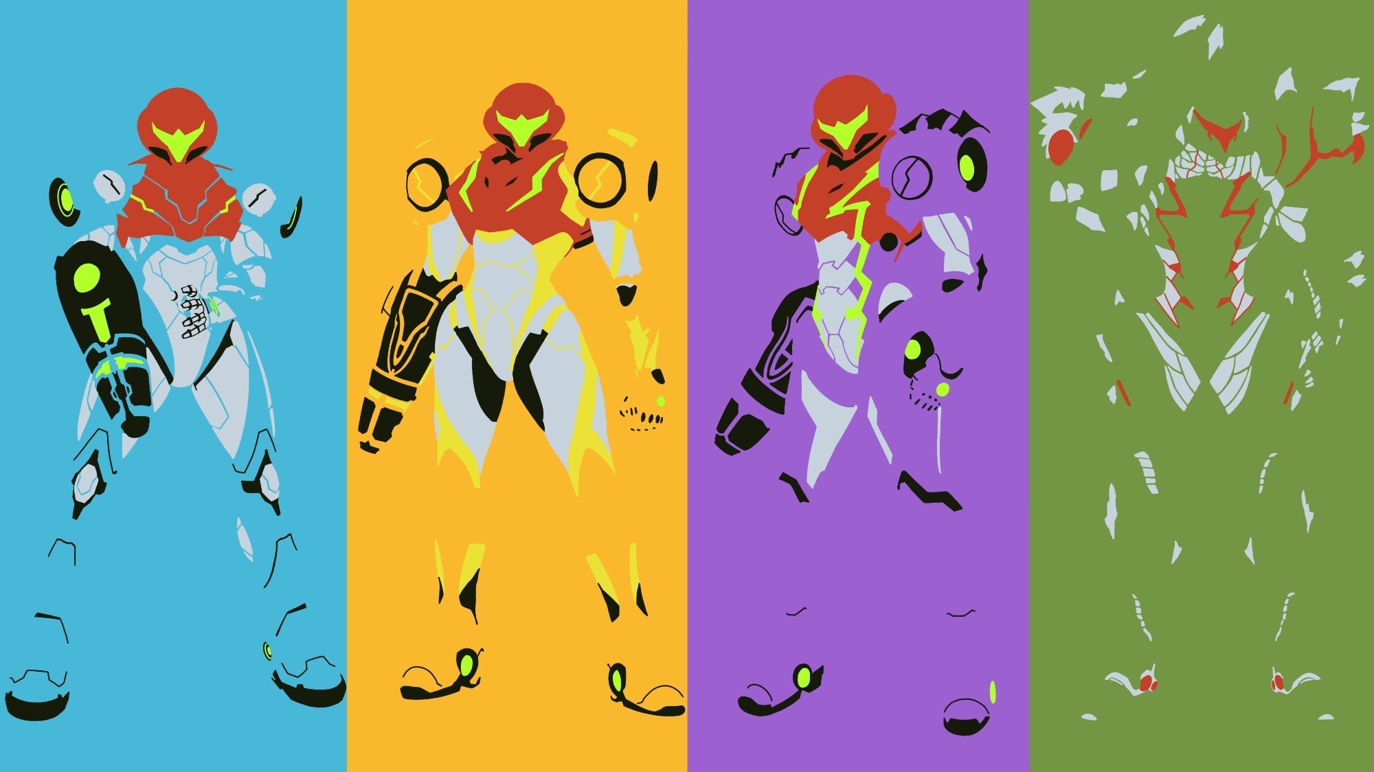 The suits from Metroid Dread, in a minimalist style.
They are standing next to each other, in the order you get them, going from the Power suit, with its blue accents, to the orange Varia suit, then the purple Gravity suit, ending with the green Metroid Suit.