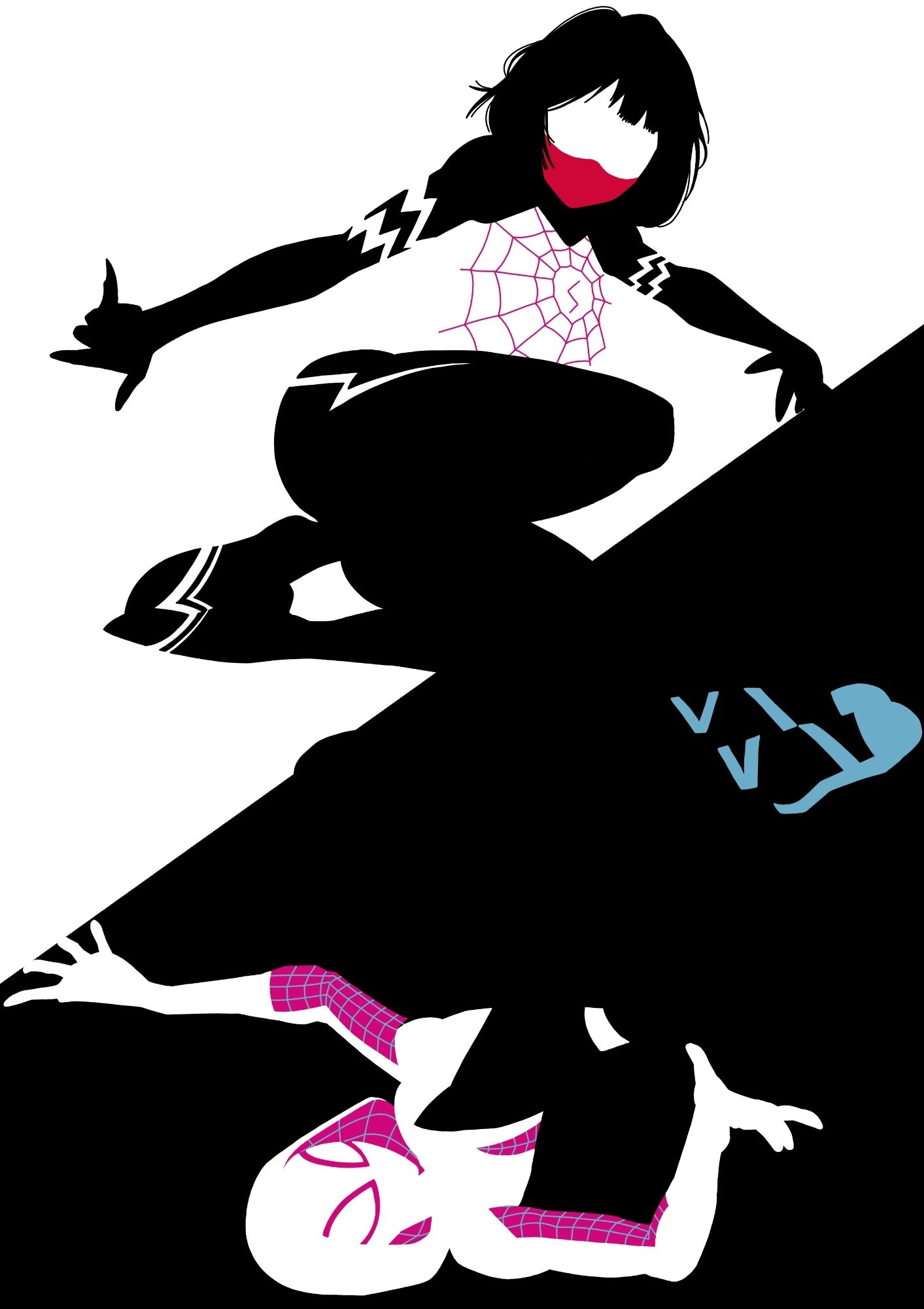 Silk (Cindy Moon) and Ghost-Spider (Gwen Stacy), in a minimalist style.
They are both jumping through the air, but Gwen is under Cindy, and upside down.