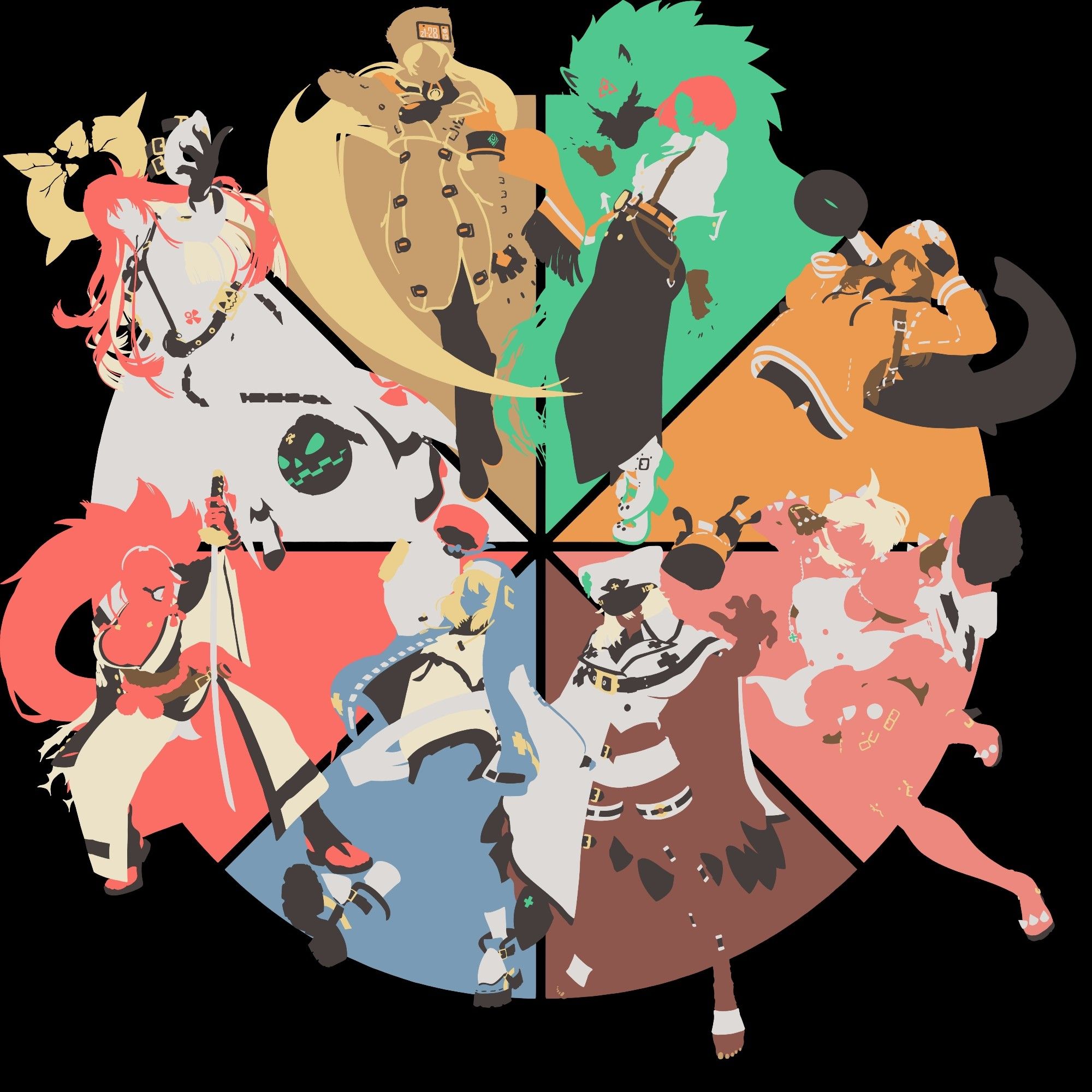 The girls from guilty gear.
A circle split into 8 pieces, namely:
Green, Orange, Pink, Maroon, Blue, Red, Grey and Brown.
In the green is Giovanna, standing with her wolf spirit behind her.
Orange has May, walking with her anchor over her shoulder as she salutes you.
In pink we find Elphelt, pointing her microphone at you.
The maroon section holds Ramlethal Valentine, reaching out for you.
Blue sees Bridget, out on a stroll.
Red barely contains Baiken, who is crouching with legs firmly planted in a wide stance.
In the grey we find Jack-O Valentine, standing with a mask outstretched towards us. 
Brown sees Millia Rage giving a salute.