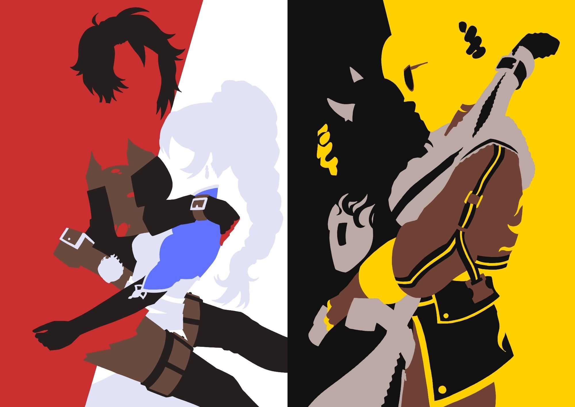 The girls from RWBY in a minimalist style. 
Ruby is being carried by Weiss, by Weiss cupping her butt.
Blake and Yang are embracing and kissing each other deeply.