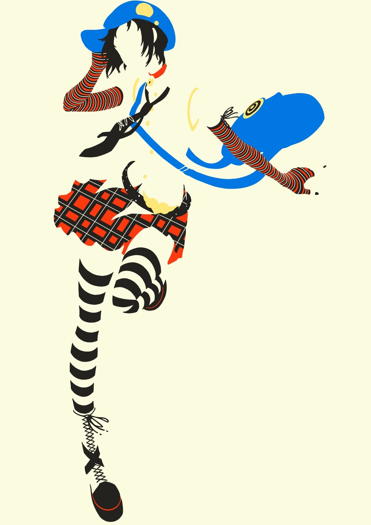 Marie from Persona 4, in a minimalist style.
She is running towards you excitedly.
She is wearing big boots, thigh high white and black striped socks, a pleated red skirt, and a cream coloured shirt with no sleeves.
Over the shirt is a loose black tie with pins in it, as well as a blue mail carrier bag, and a black belt.
She is also wearing a blue hat on her short black hair, and her arms are covered in long gloves that are striped in black, red and cream.