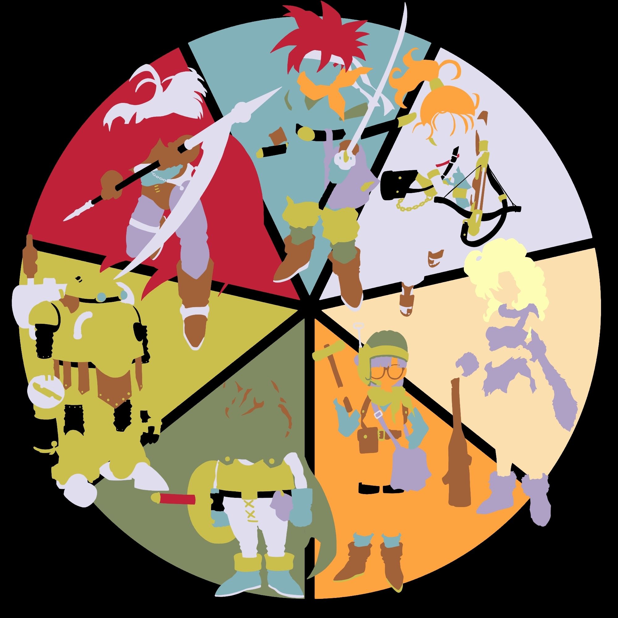 The characters from Chrono Trigger, in a minimalist style.
They are in a colour wheel. 
In the blue is Crono wielding a sword.
In light purple is Marle, with her crossbow. 
In peach we have Ayla, holding a club. 
In orange is Lucca, holding a hammer.
In dark green we have Frog, with a sword and shield. 
In light green is Robo, with a gun arm. 
Finally, in red, is Magus, with a scythe.