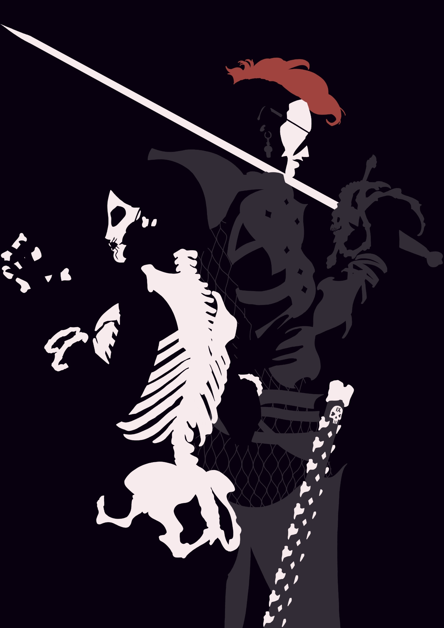 Gideon and Harrowhark from The Locked Tomb, in a minimalist style.
Gideon is standing, wearing a light suit of armour with a hood, and she has a sword resting on her shoulder. 
Harrowhark is standing in front of her, wearing a black body suit with bones all over it. 
She has one hand on Gideon's arm, while the other holds three small bones.