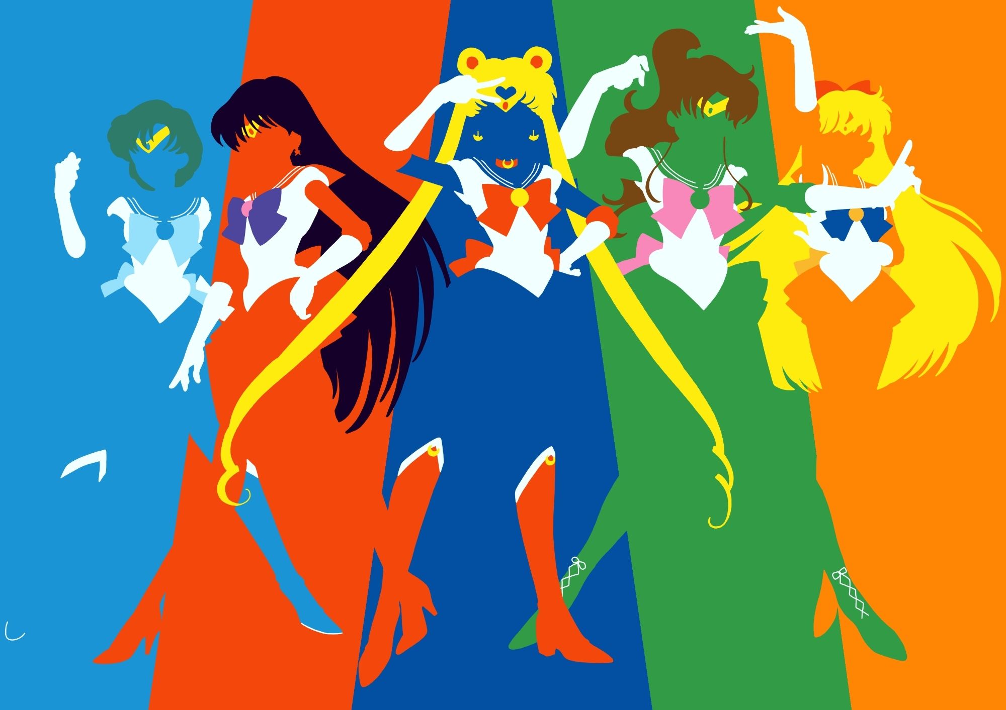 The girls from Sailor Moon, in a minimalist style.
The drawing is split into five, with Sailor Mercury standing in the blue, one fist raised.
In the red is Sailor Mars, who is walking with one hand on her hip. 
Blue sees Sailor Moon, doing a victory pose.
In the green is Sailor Jupiter showing you that if you don't stop, she will hurt you. 
Lastly is orange, where Sailor Venus is standing there, being cute, with one hand in the air.