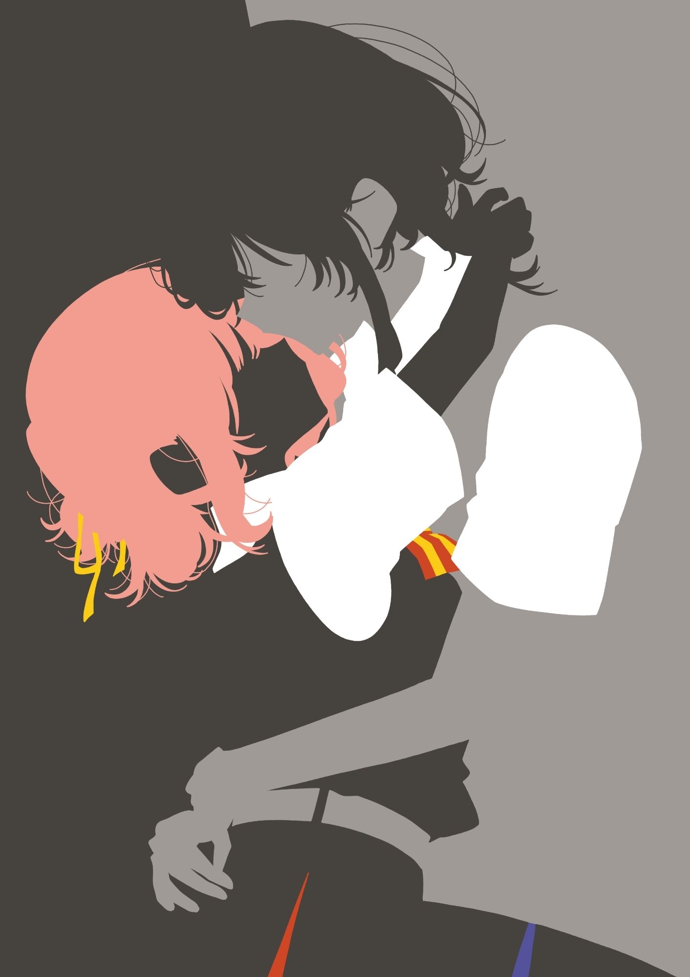 Himari and Yori from Whisper Me A Love Song in a minimalist style.
They are in a deep embrace, with Himari having her arms around Yori's neck, while Yori is holding Himari's waist. 
The background is split into light and dark grey, and Yori is wearing a light grey sweater vest over a white shirt, and has dark grey hair, while Himari has bright pink hair and is wearing a dark grey dress with a red and yellow bow tie.