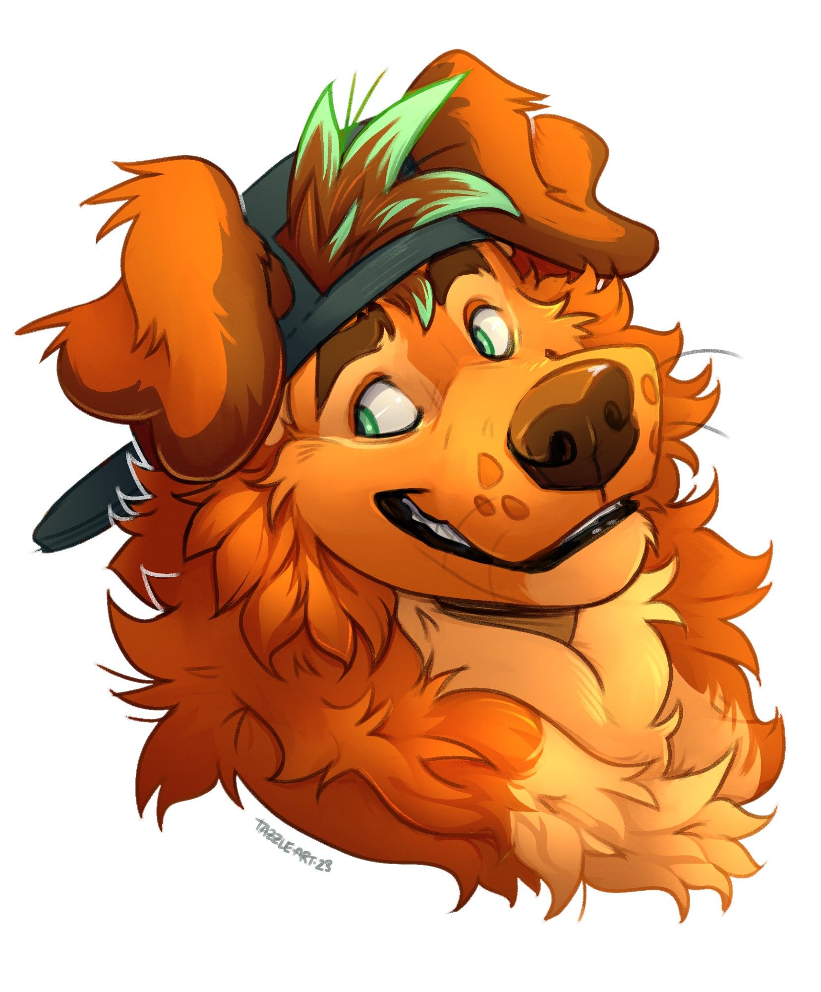 A headshot of a smiling golden retriever wearing a green backwards hat with a shock of green-highlighted hair poking through the front