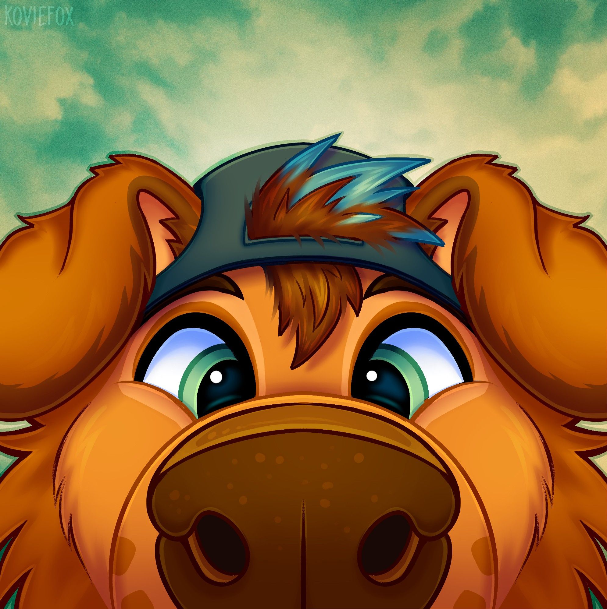 An illustration of Sage, an anthropomorphic golden retriever, in an extreme fisheye perspective with his nose against the lens as though he's sniffing you.