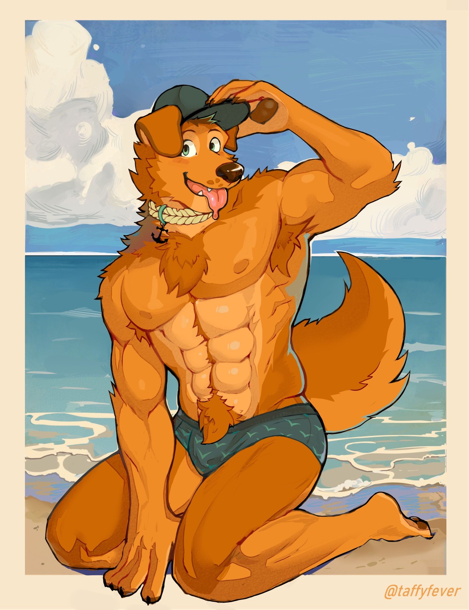 An image of an anthropomorphic golden retriever in a seated pinup posture on a beach. He’s wearing a dark teal hat, a nautically themed rope collar with an anchor charm, and a dark teal Speedo-style swimsuit with a seagull pattern.