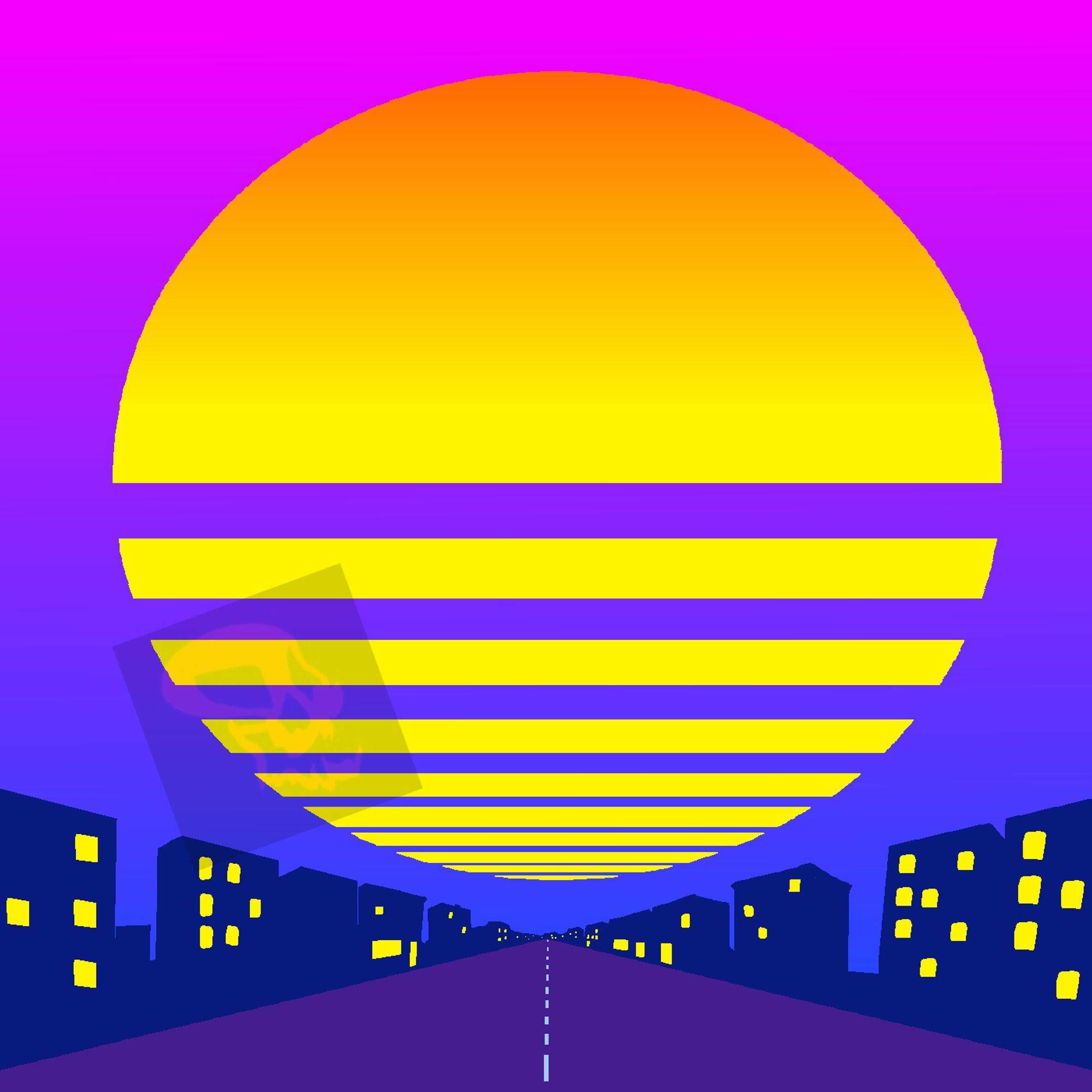 Synthwave style picture with a big yellow sun that is banded at the bottom. Below are dark blue buildings with yellow lights, and a purple street with light blue stripes.