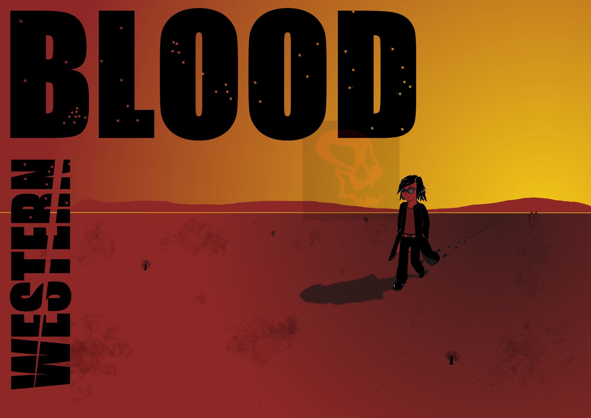 A desert backdrop at sundown, with a man in a trench coat walking. The words "Blood Western" take up the upper left side of the picture, filled with bullet holes, and the word "Western" cut in half. The color pallet consists mostly of red, yellow, and black with touches of white.