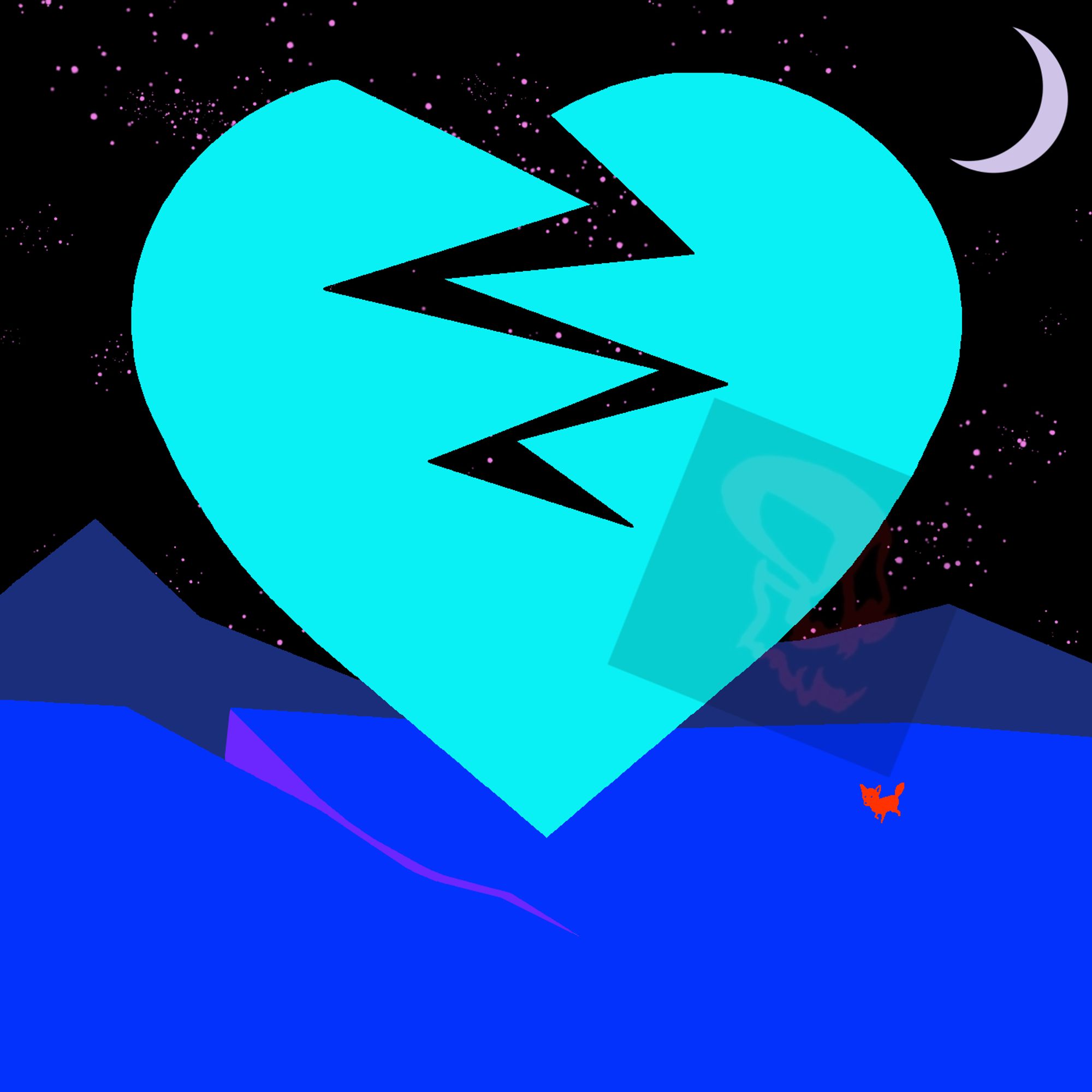 A giant, light blue, cracked heart, in front of a backdrop of a blue cliffside with a purple crack, and a red fox walking along it. In the background are mountains in a darker shade of blue, pink stars, and a crescent moon.