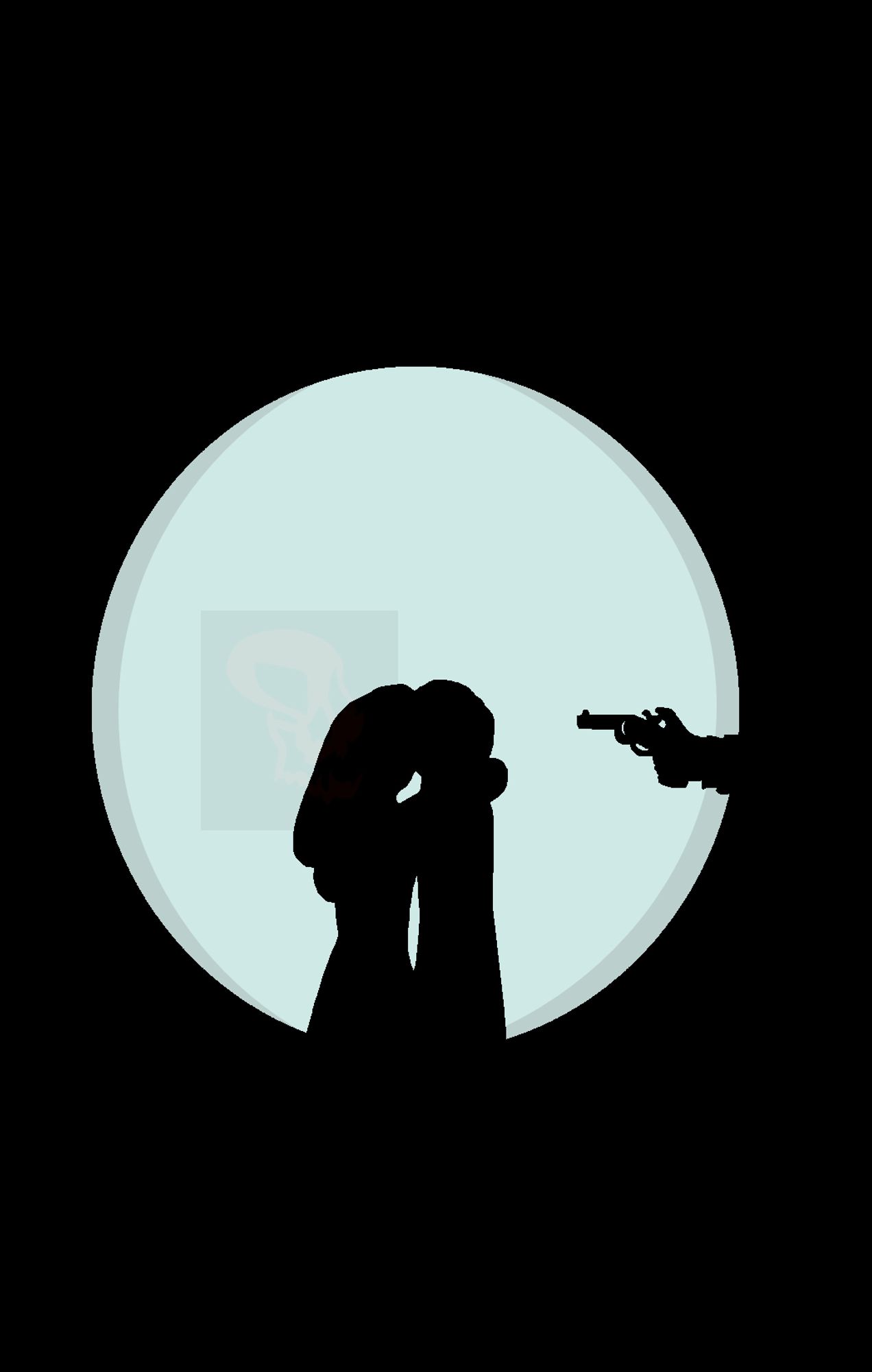 The silhouette of a man and a woman embracing each other in front of the moon with the silhouette of a hand holding a revolver appearing from the right side.