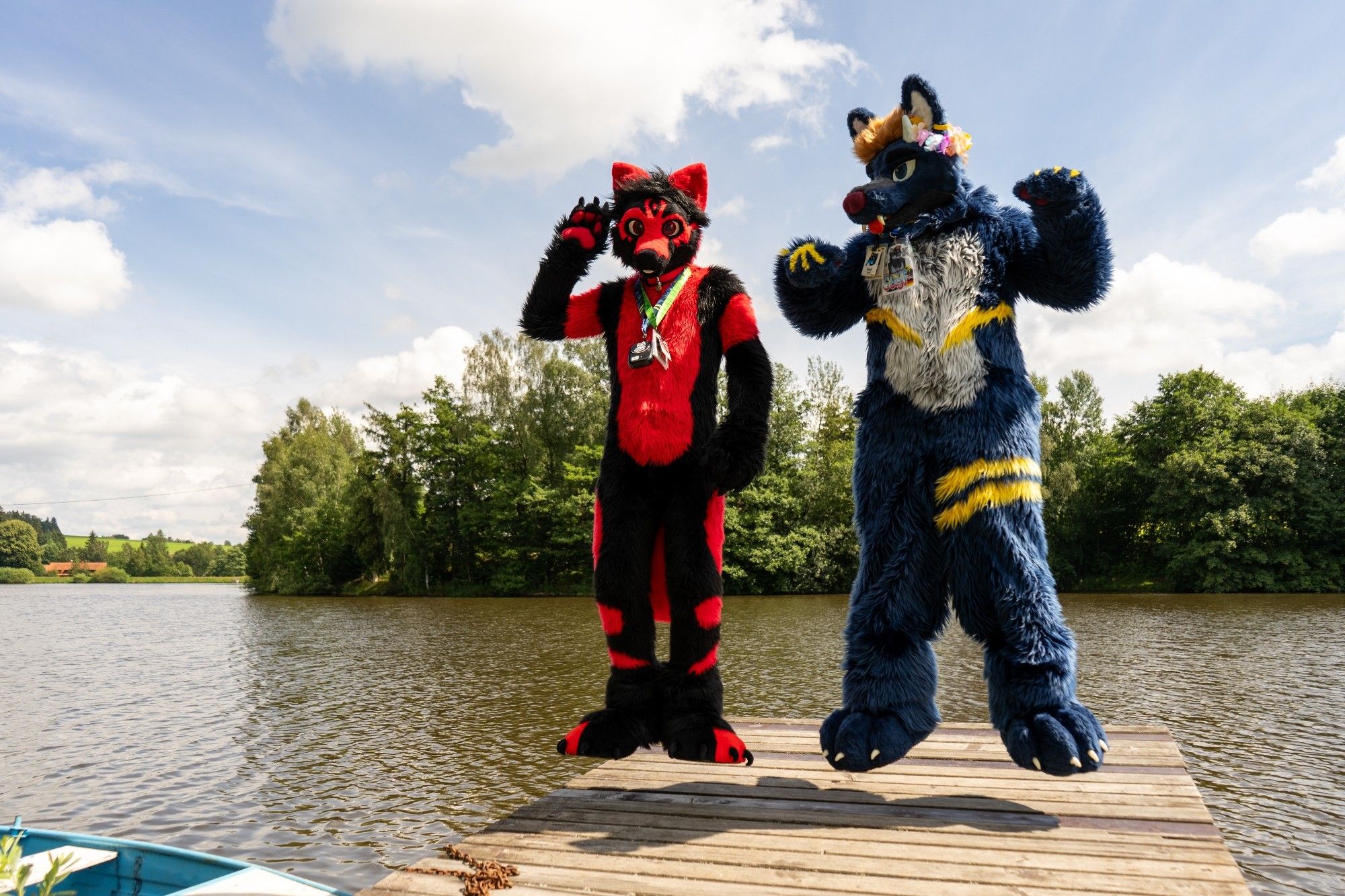 A picture of Ican and me "standing" on a pier. The picture was taken mid jump, so it looks like we're floating.