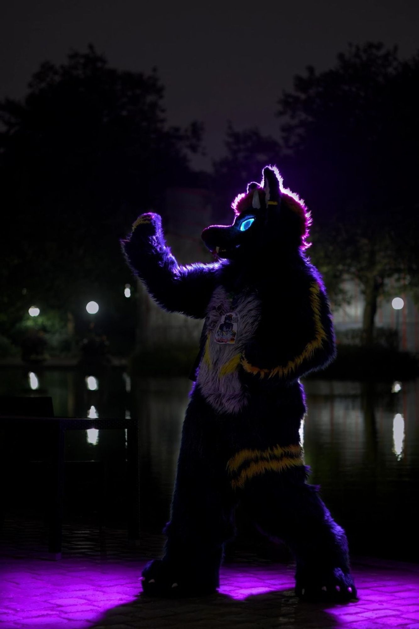 Me in Fursuit, lit with a purple light from the back. Otherwise the shot is almost completely dark.