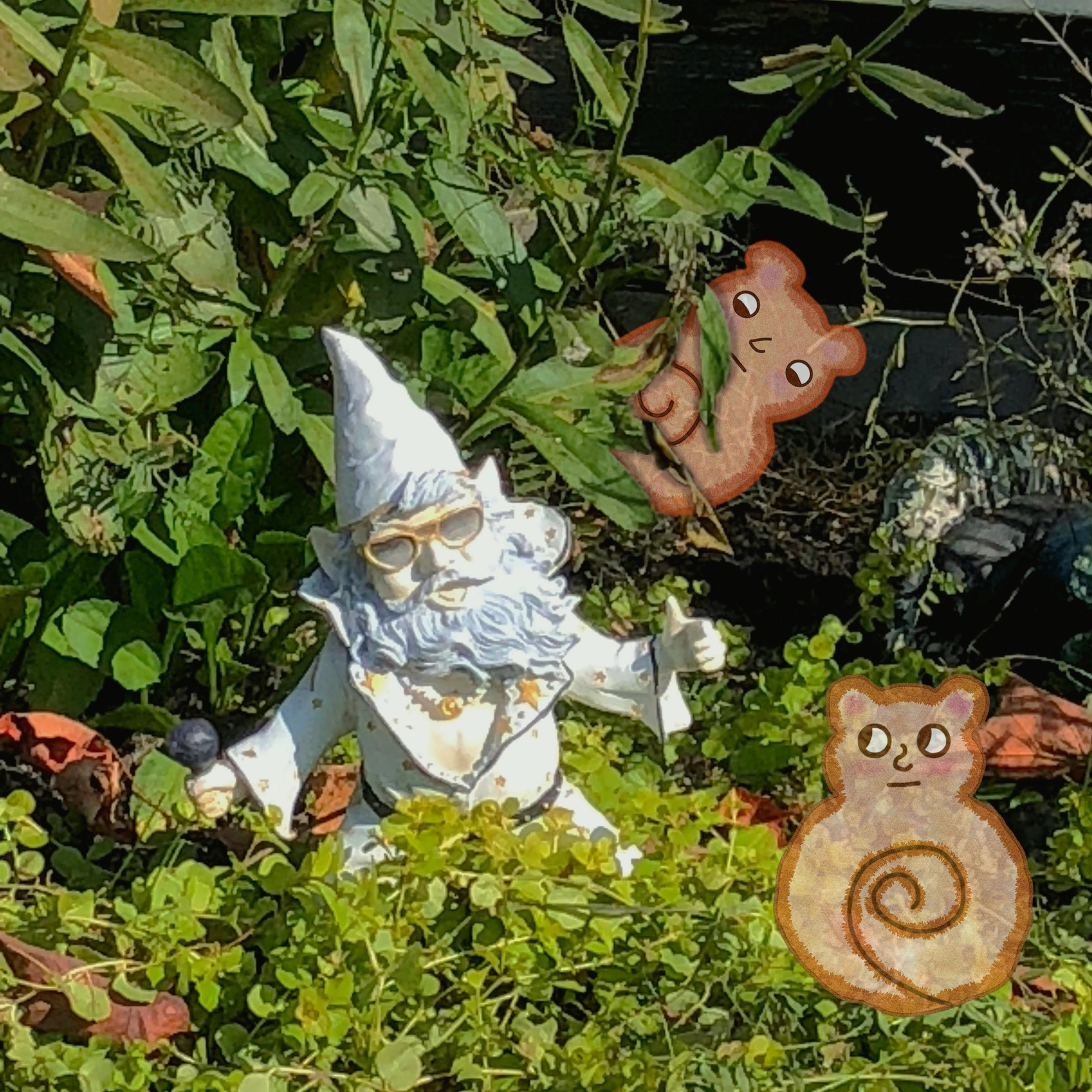 a very green, slightly overgrown garden with an almost entirely white gnome in a white pointy hat, gold heart shapes shades, wearing a flared jumpsuit with huge lapels and gold details and a gold necklace on his bare chest, in one hand he is holding a microphone and appears to be dancing in a provocative hip shaking manner.

two small beige-ish blobby creatures with mouse like ears and long spiraled tails have been edited into the garden, one in the right hand foreground and one in the background peaking out from behind some leafstalks. they are giving the gnome dubious looks.