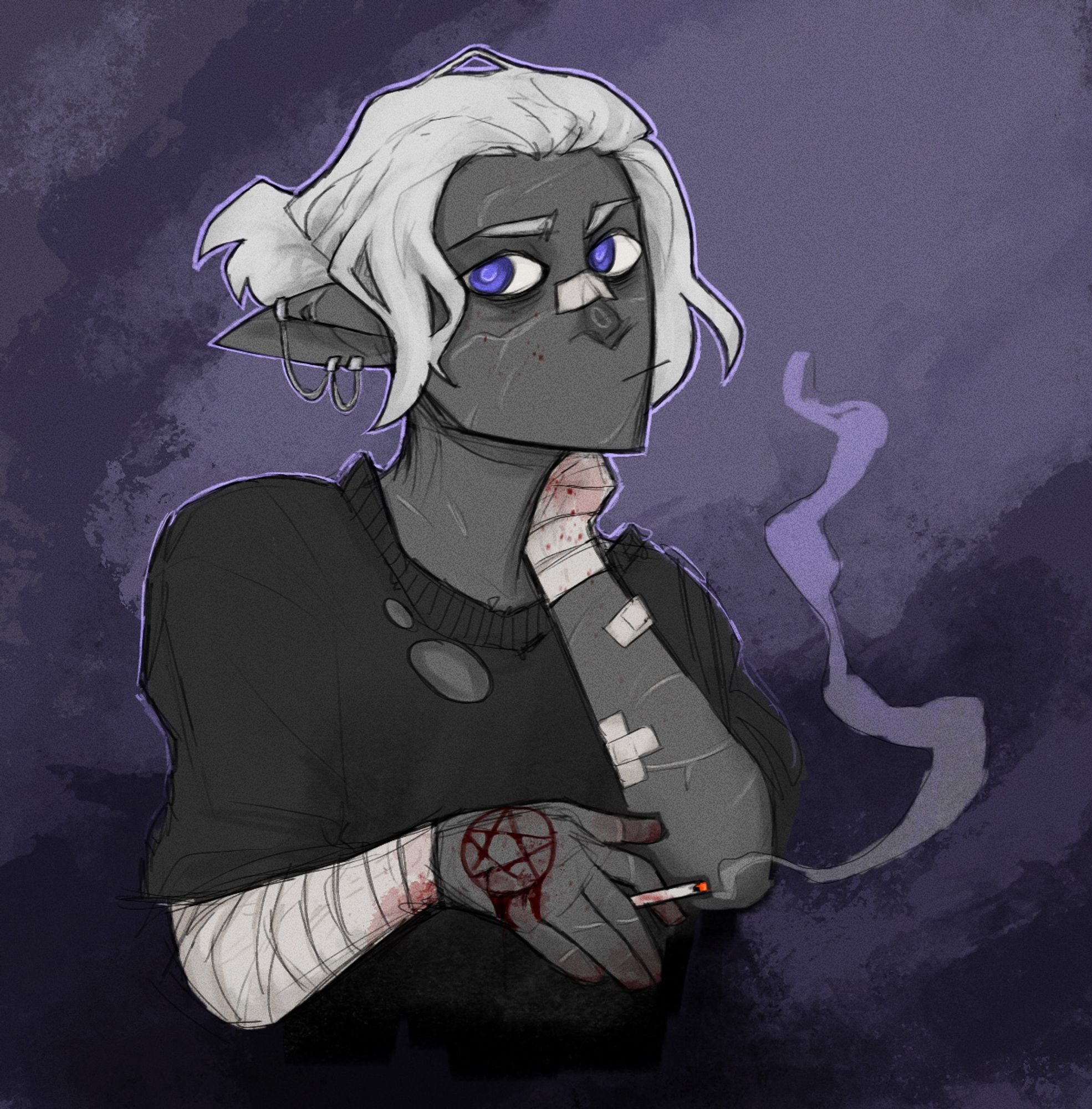 a portrait of cy, a scarred drow with blue eyes