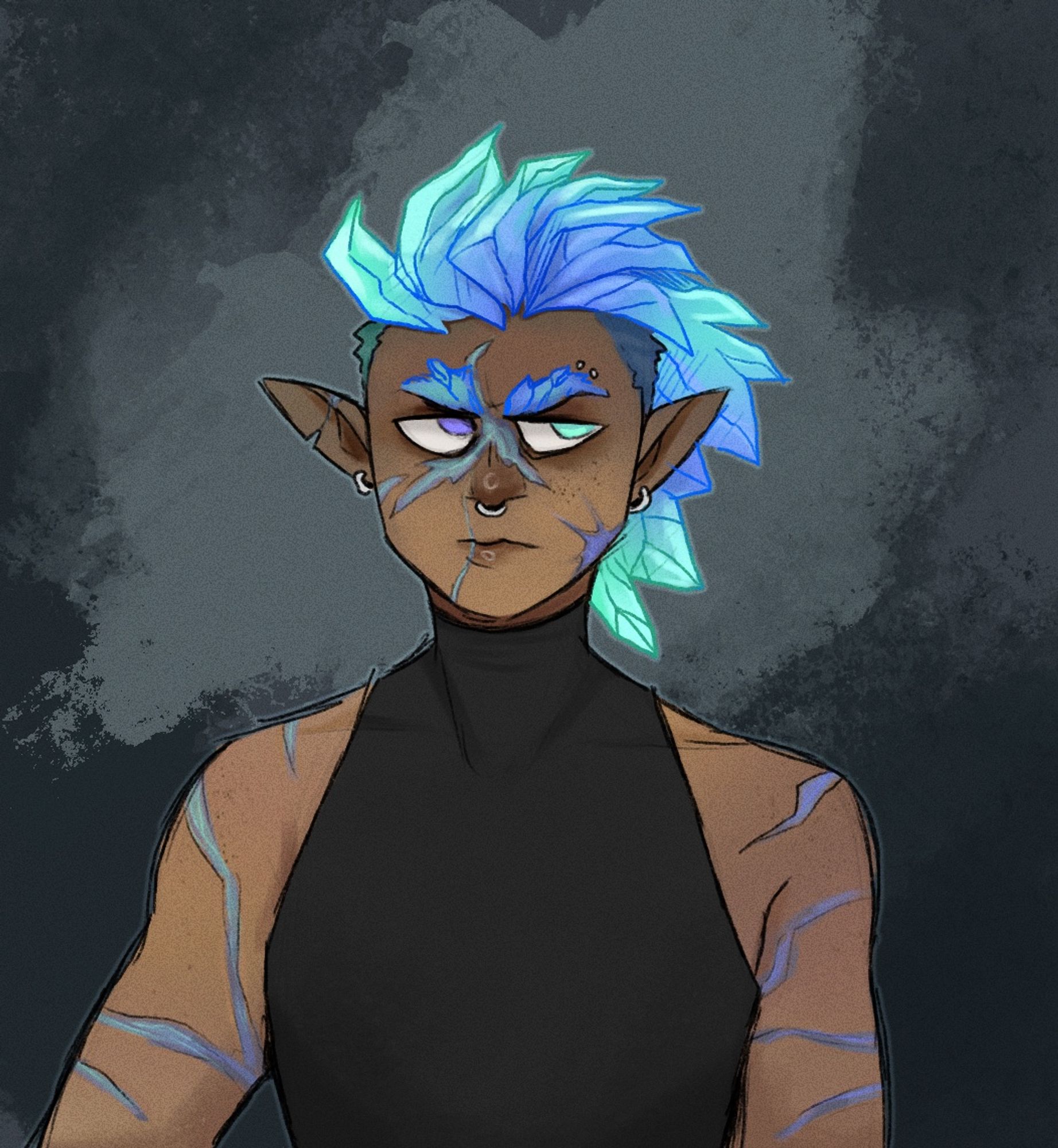 portrait of an earth genasi with blue crystals as hair