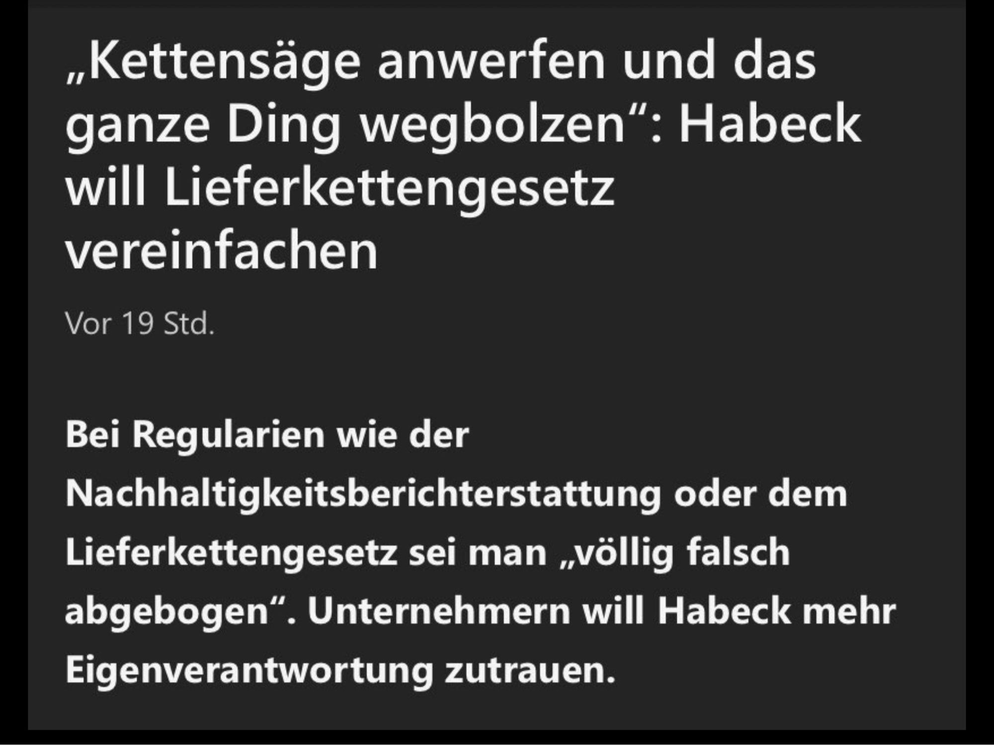 „Kettensäge anwerfen und das ganze Ding wegbolzen“: Habeck will Lieferkettengesetz vereinfachen

Vor 19 Std.

Bei Regularien wie der Nachhaltigkeitsberichterstattung oder dem Lieferkettengesetz sei man „völlig falsch abgebogen“. Unternehmern will Habeck mehr Eigenverantwortung zutrauen.