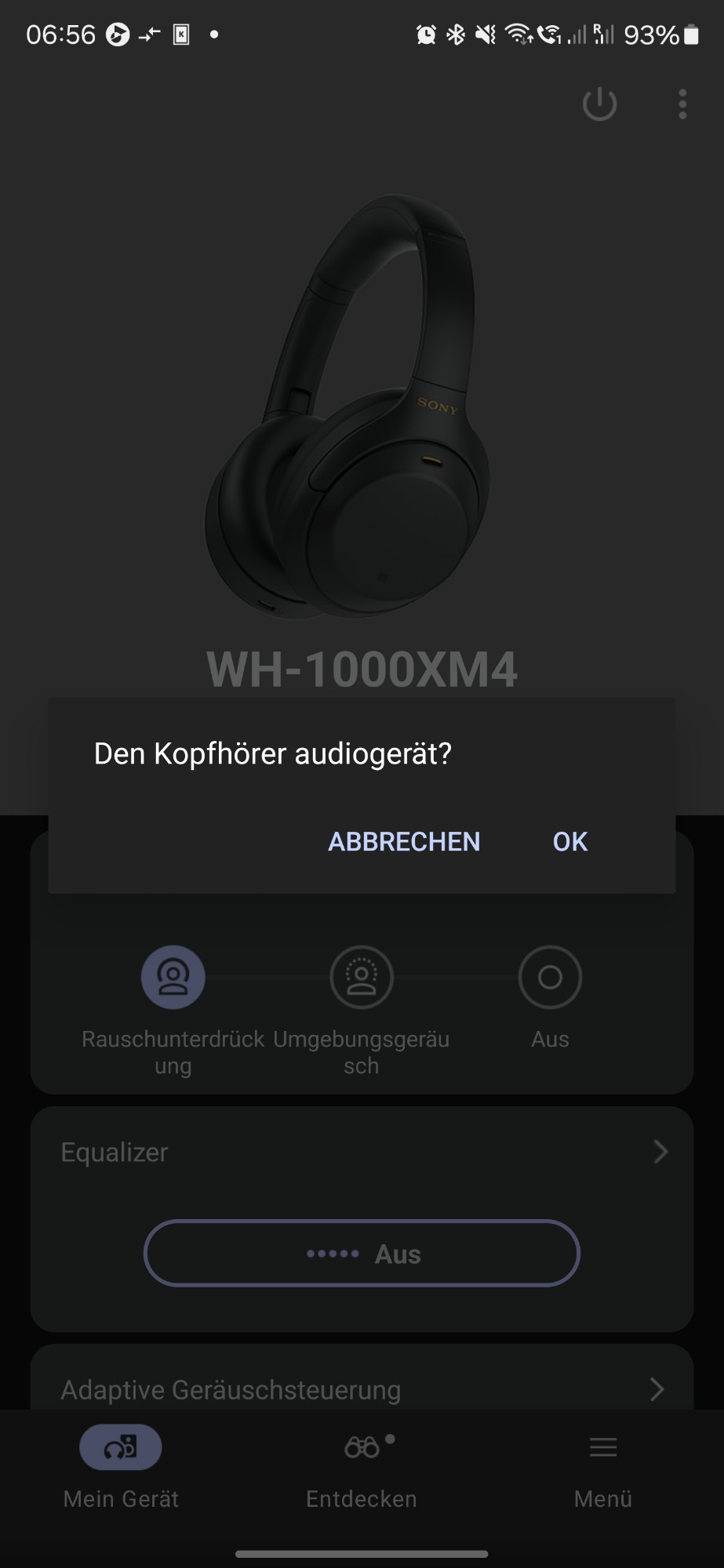 Meldung von Sonys Sound Connect App: "Den Kopfhörer audiogerät?" mit den Knöpfen "Abbrechen" und "Ok"