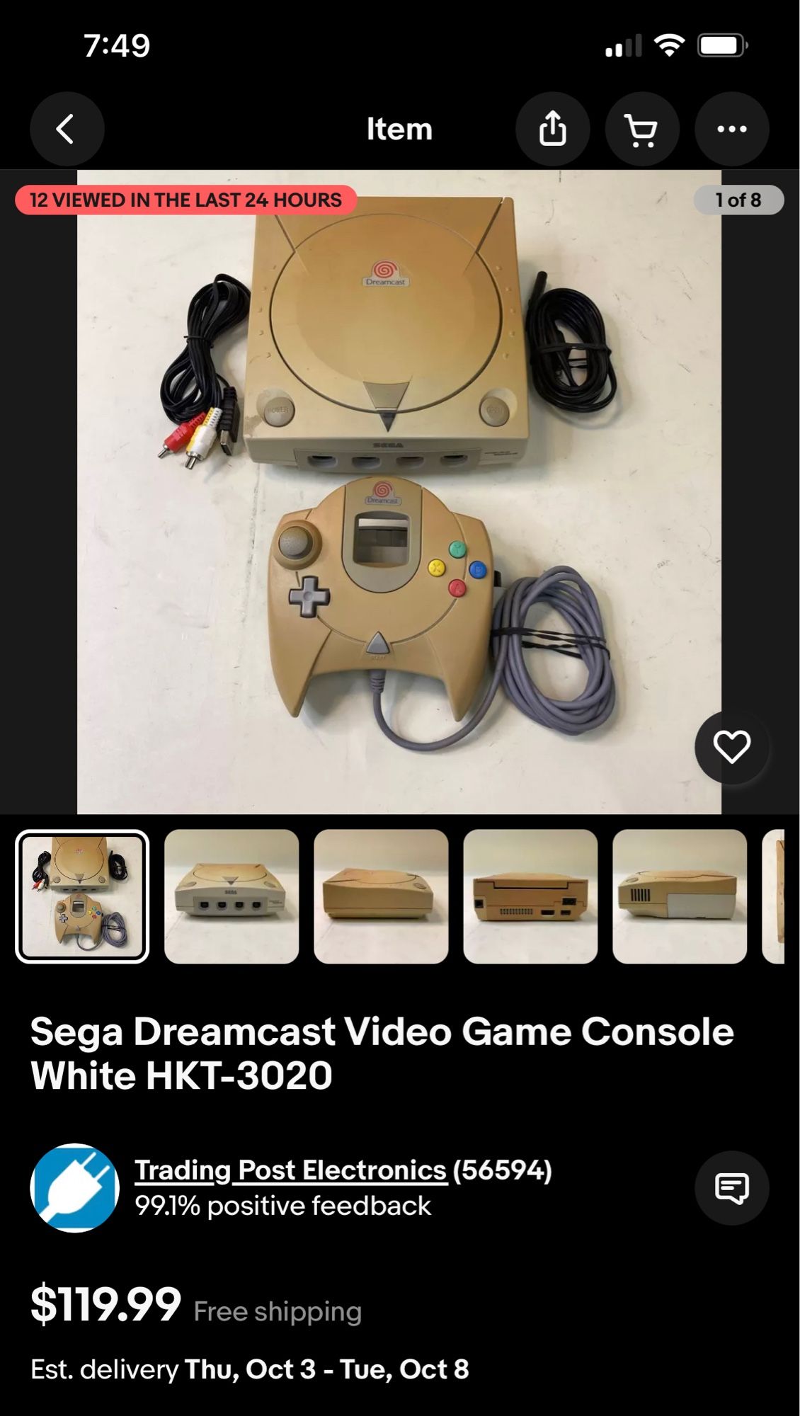 Screenshot of an eBay listing for a Dreamcast and its controller. The auction is titled “Sega Dreamcast Video Game Console White HKT-3020” and they are being extremely generous with the word “White” because this thing is the color of cappuccino. It could be yours for just $119.99