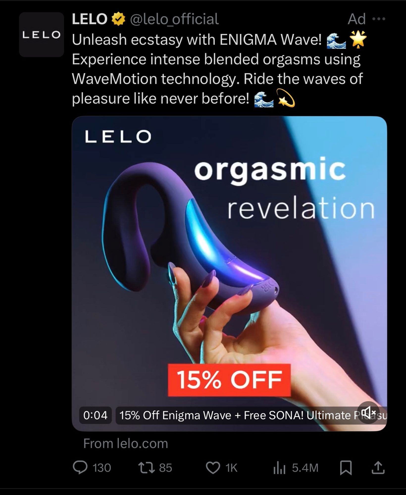 An ad on the social media shithole X for a sex toy, which reads:

“Unleash ecstasy with ENIGMA Wave! Experience intense blended orgasms using WaveMotion technology. Ride the waves of pleasure like never before!”