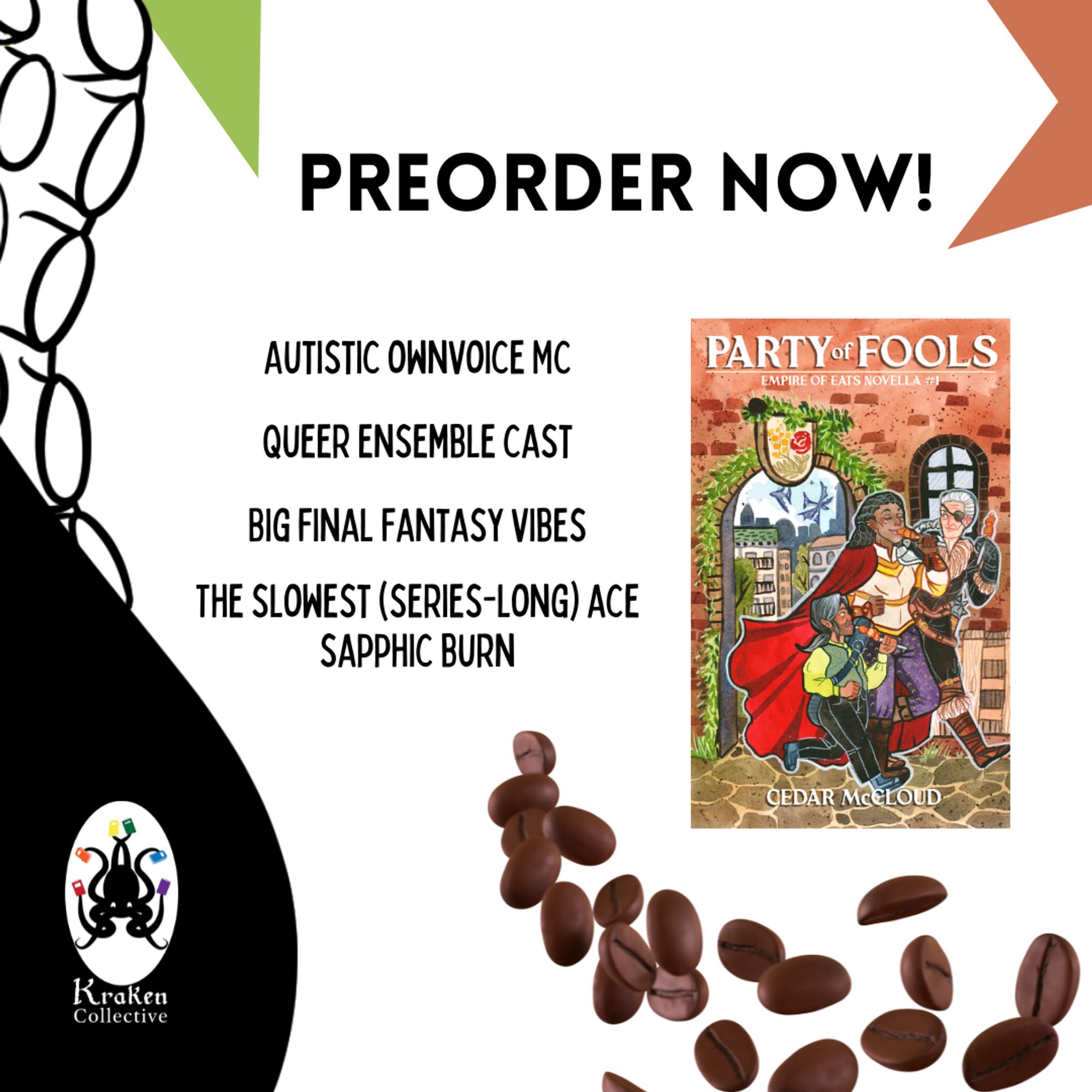 PREORDER NOW splash  Autistic ownvoice MC. Queer ensemble cast. Big Final Fantasy vibes. The slowest (series-long) ace sapphic burn. Cover shows three adventures eating food-sticks in a city street.