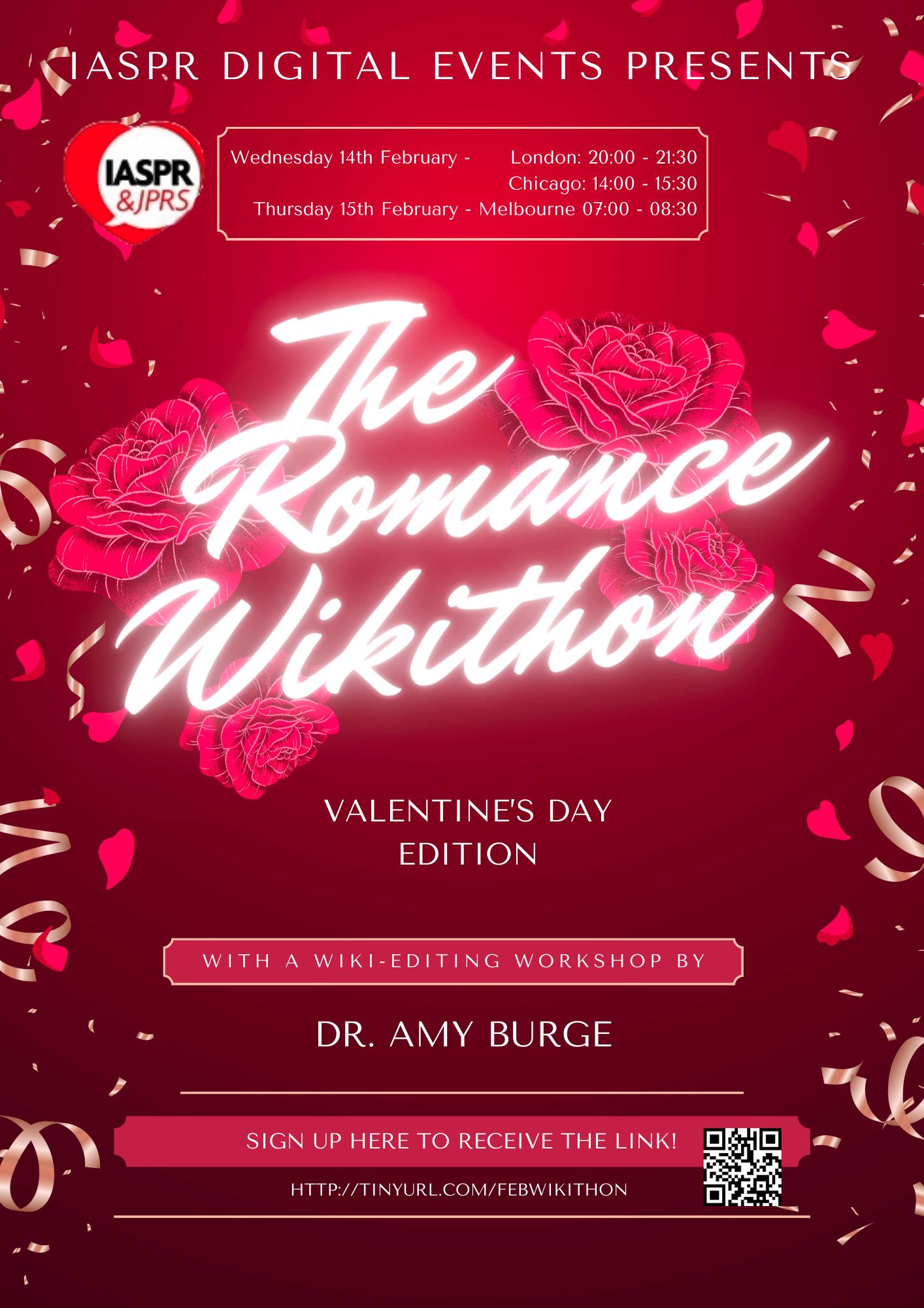 A very red and rose-covered poster for the IASPR/JPRS Romance Wikithon, Valentine's Day Edition. The main information on the poster is about the time (since that varies according to time zone) and the signup links, but all that is in the post at Teach Me Tonight.