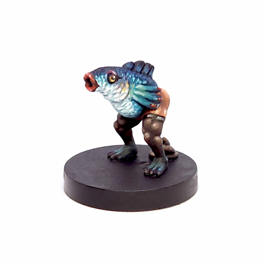 A miniature of a fish inspired by a turquoise rainbowfish. Except it has luscious lips and lipstick, blush, eyeshadow, eyeliner, and nail polish on its fins. It also has human legs (caucasian skin tone) and blueish finned feet with toenail polish. It is wearing black stocking tights. Its butt is showing. A heart tattoo is on their right buttcheek. It is squatted over and pooping.