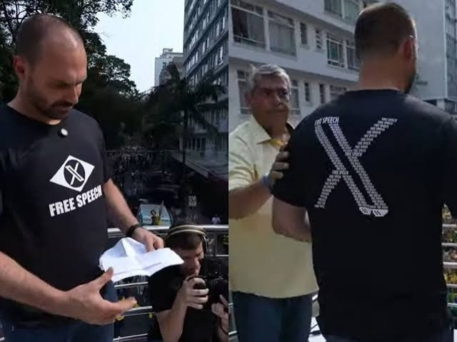 Eduardo Bolsonaro com uma camiseta com o logo da rede social X dizendo "Free Speach"