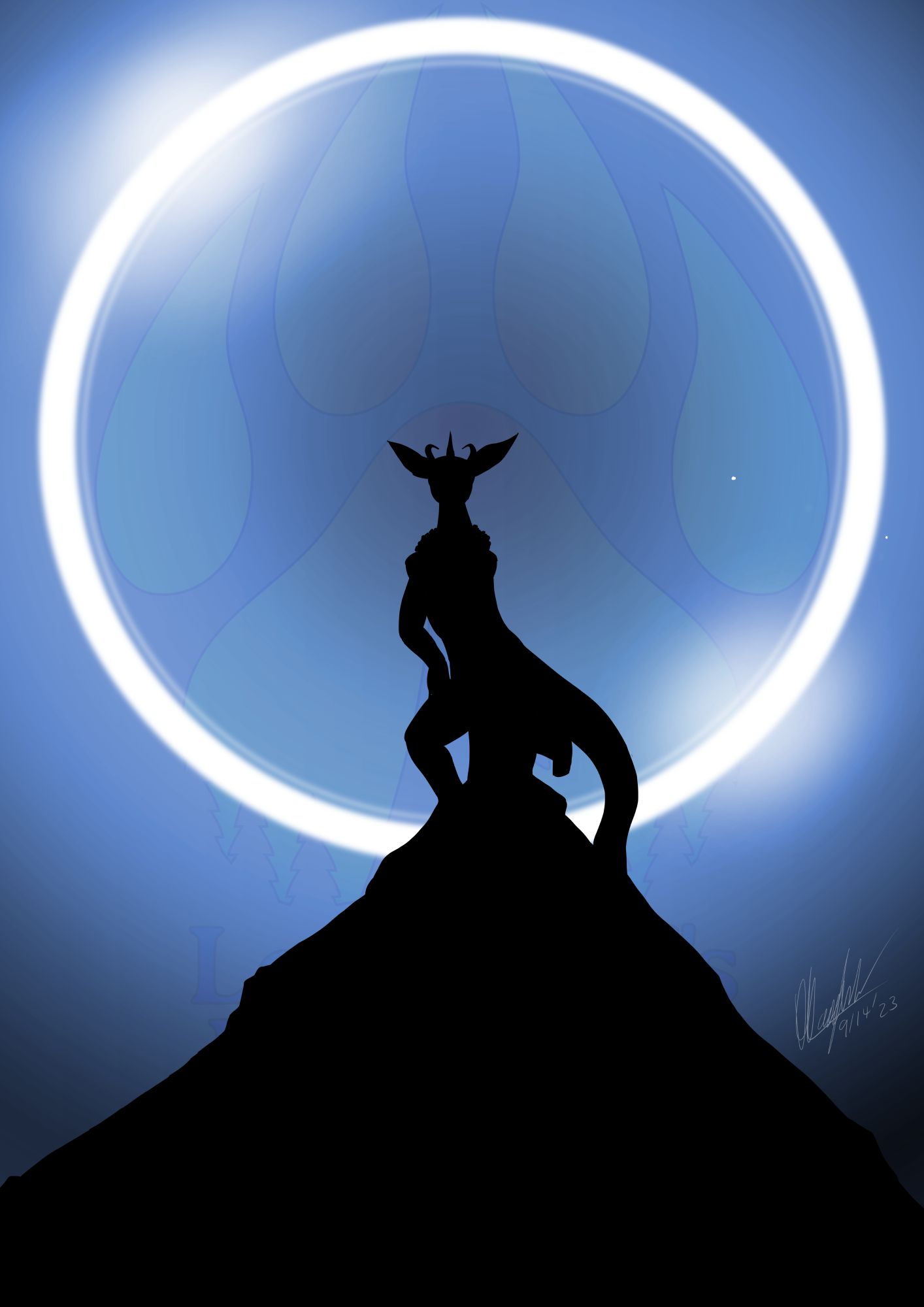 A silhouette of an alien creature standing on the apex of a geological feature. It is backlit buy a glowing ring in an otherwise empty night sky, with a couple faint spots on the right-hand side.