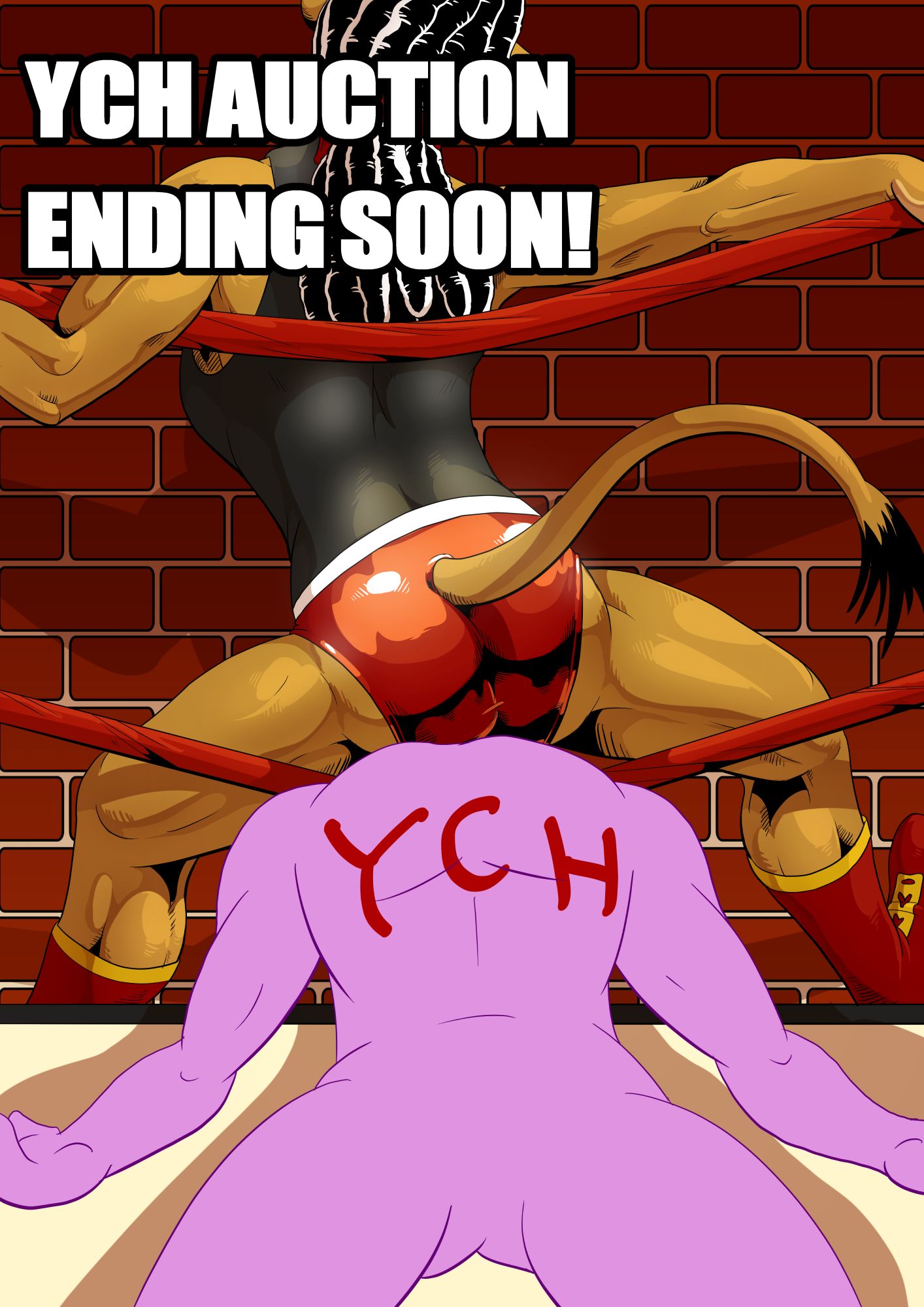 Announcement for a YCH Auction, featuring the placeholder character laying limp in a wrestling ring with their head propped up by the bottom rope, while a lioness in a leotard is straddling the YCH character's face and gyrating her hips aggressively.