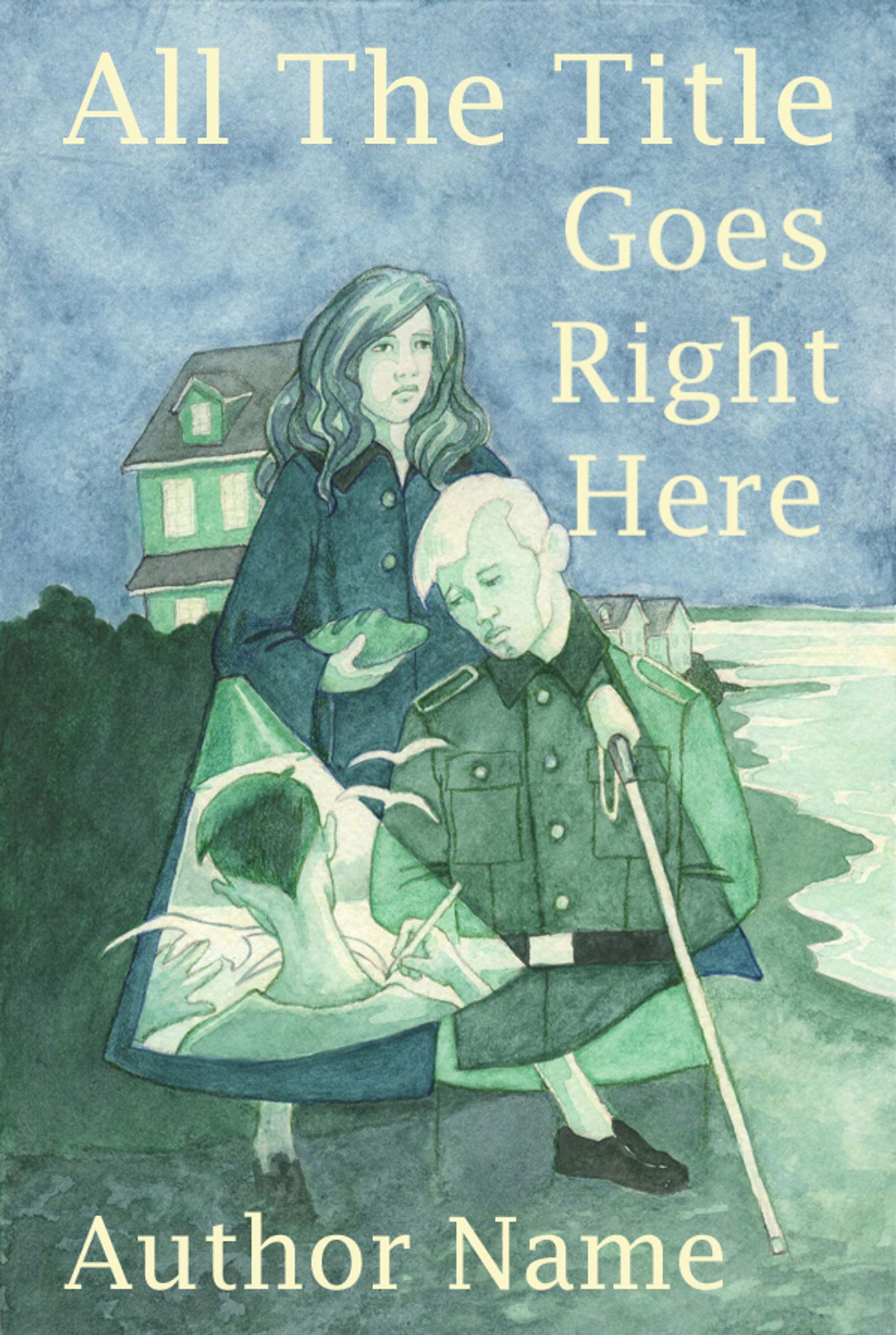 Sample Idea for what I envisioned could be a cover for Anthony Doerr's Book All The Light We Cannot See. A triangle of main characters in somber hues of blue and green. Both colors signifying the military to me.