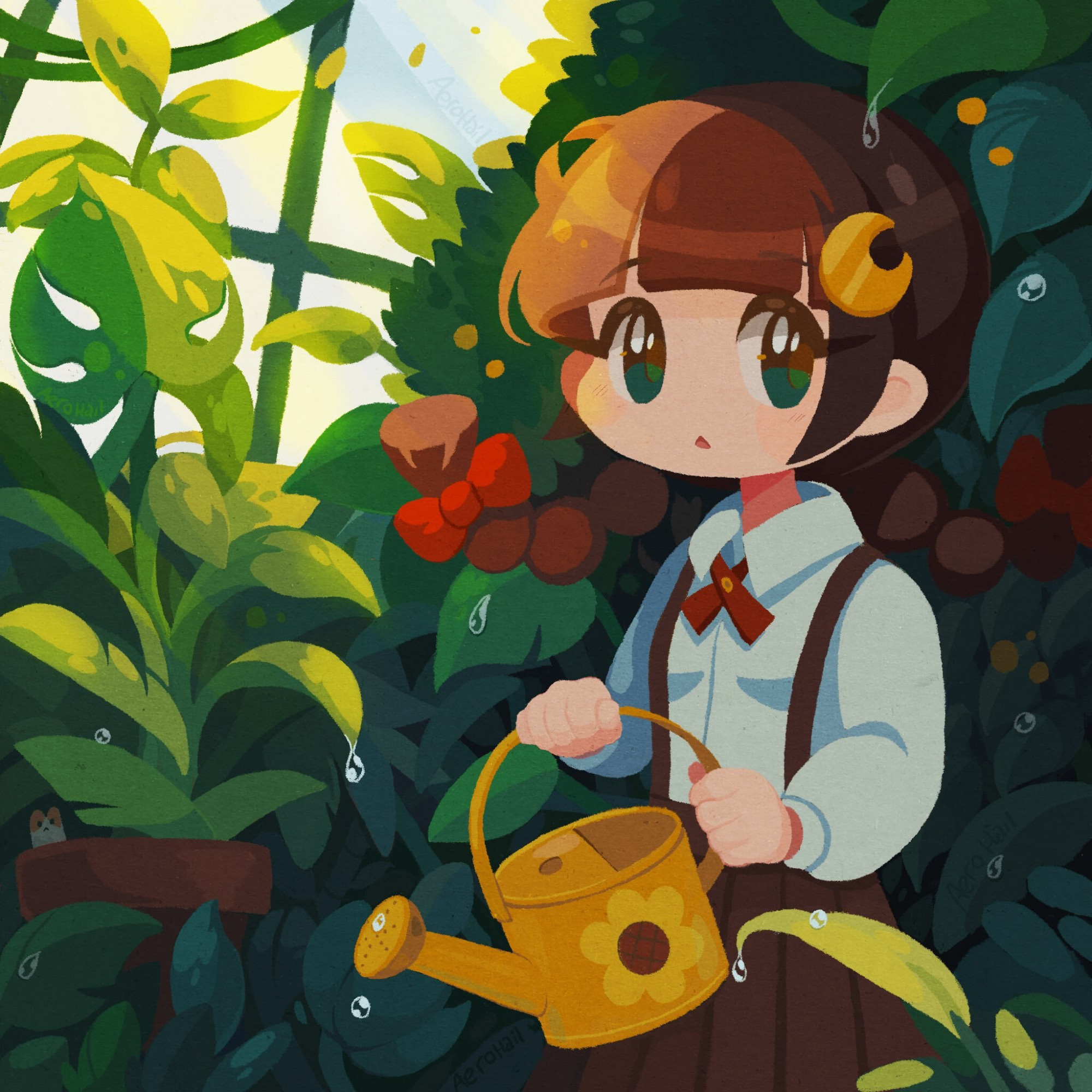 Art of an anime girl with two stylized braids standing in a glass green house after watering plants. She's holding a yellow watering can that is decorated with a sunflower. The plants have water droplets on them. 