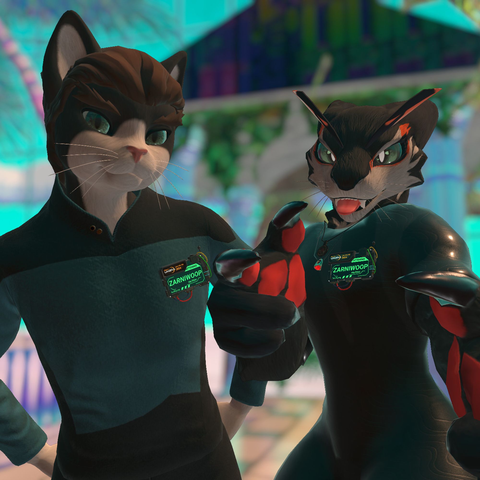 Two avatars are posing and dressed up for Furality, a furry convention held in VRChat. The one on the left is wearing a blue Star Trek uniform, the right is wearing a full body suit. Both are wearing attendee badges.