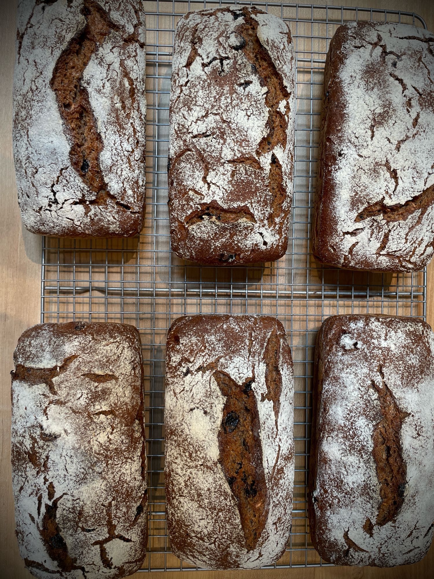 Six loaves of 100% rye flour bread with cranberries.