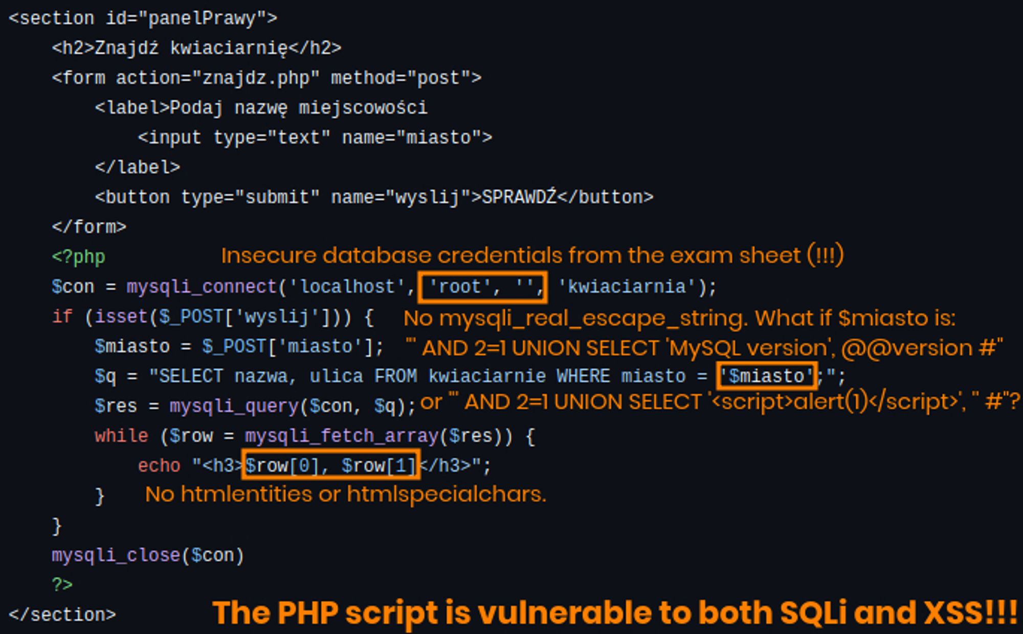 The code snippet from one of the scripts from the solution to Polish INF.03 practical exam, with bad security practices highlighted.