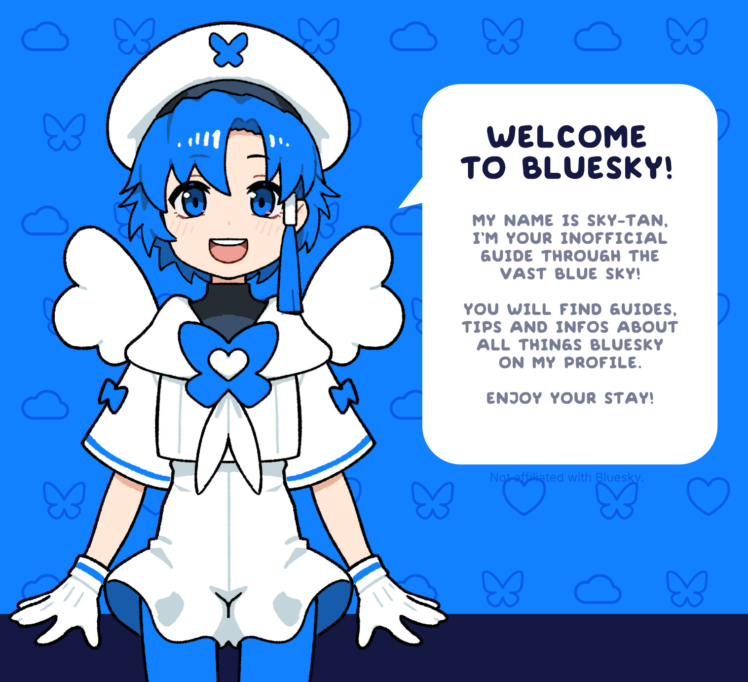 Anime styled mascot using the Bluesky colors. She has sailor themed clothes, a sailor hat with the Bluesky logo on it as well as puffy white wings. She is saying: "Welcome to Bluesky! My name is Sky-tan. I'm your inofficial guide through the vast blue sky! You will find guides, tips ad infos about all things Bluesky on my profile. Enjoy your stay!