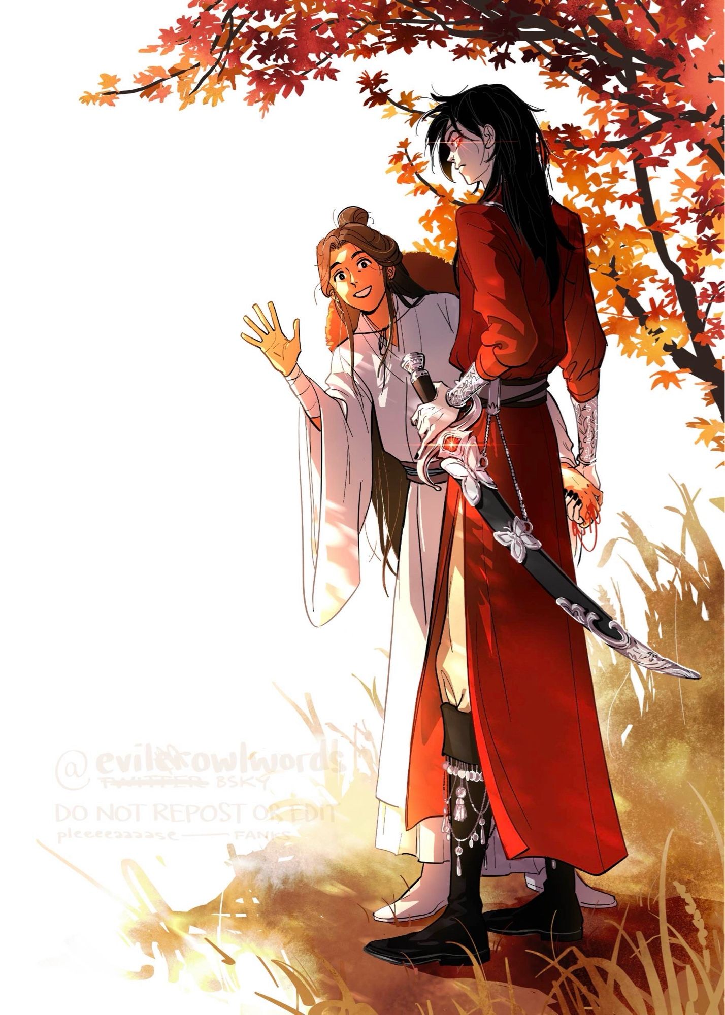 Vibrant drawing of Xie Lian and Hua Cheng from Heaven Official’s Blessing. They are holding hands under a maple tree at sunset, and have just taken notice of the viewer. Xie Lian waves to us with a smile, while Hua Cheng is quietly murderous, eye glowing red. He rests his hand on his cursed scimitar, whose eye is also glowing red with malice.