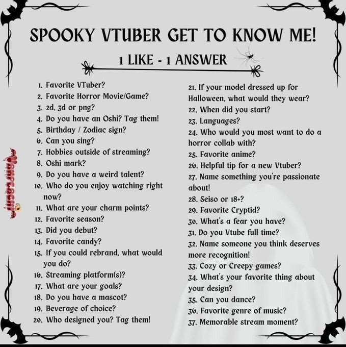 Spooky VTuber Get To Know Me List. It has 37 prompts and for every like I answer the question on the prompt.