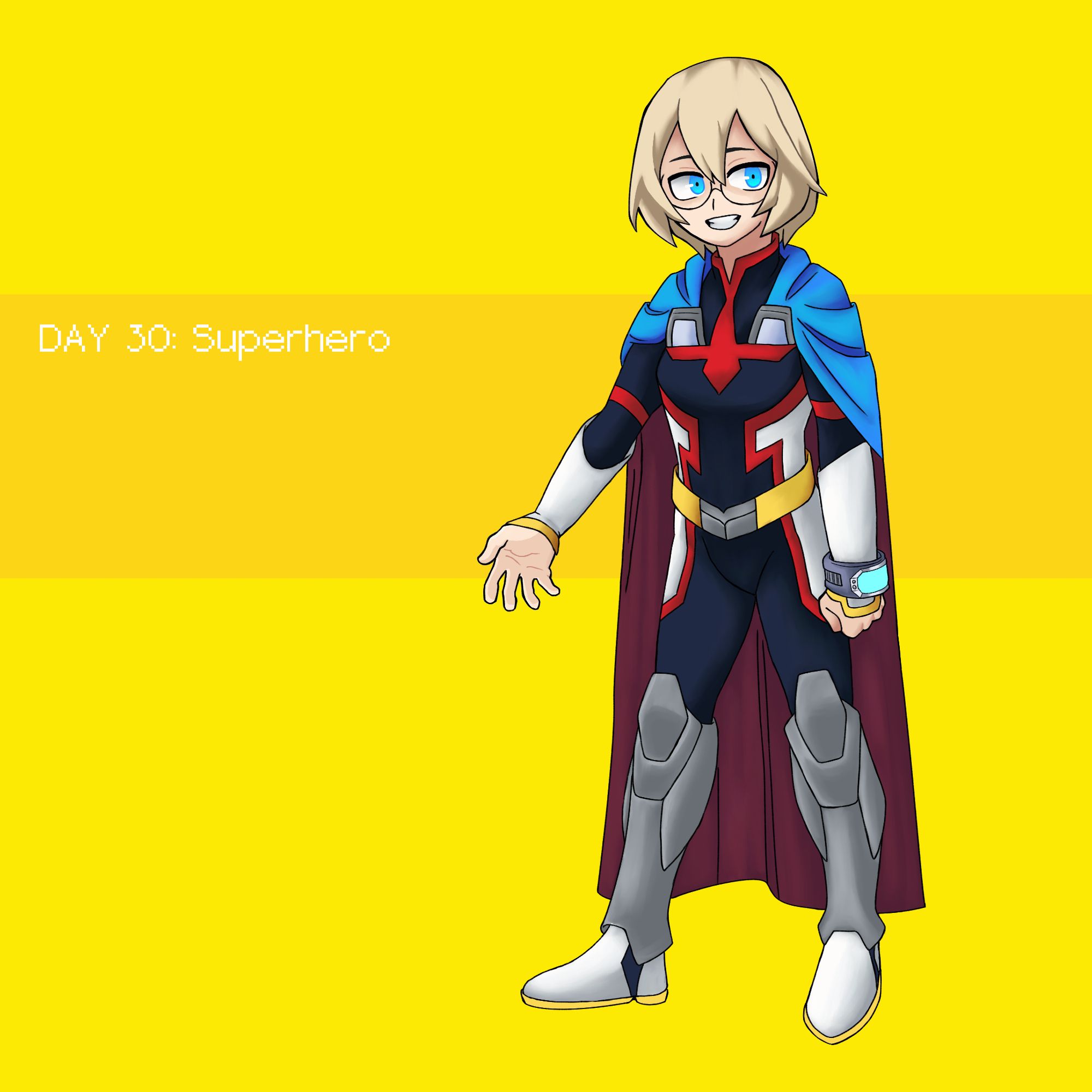 Day 30: Superhero
Personally, I like his #goldenage design better, but I just wanted to draw something with a cape. So here’s her cosplaying as the #youngage version of #allmight. #yagitoshinori #オールマイト #八木俊典