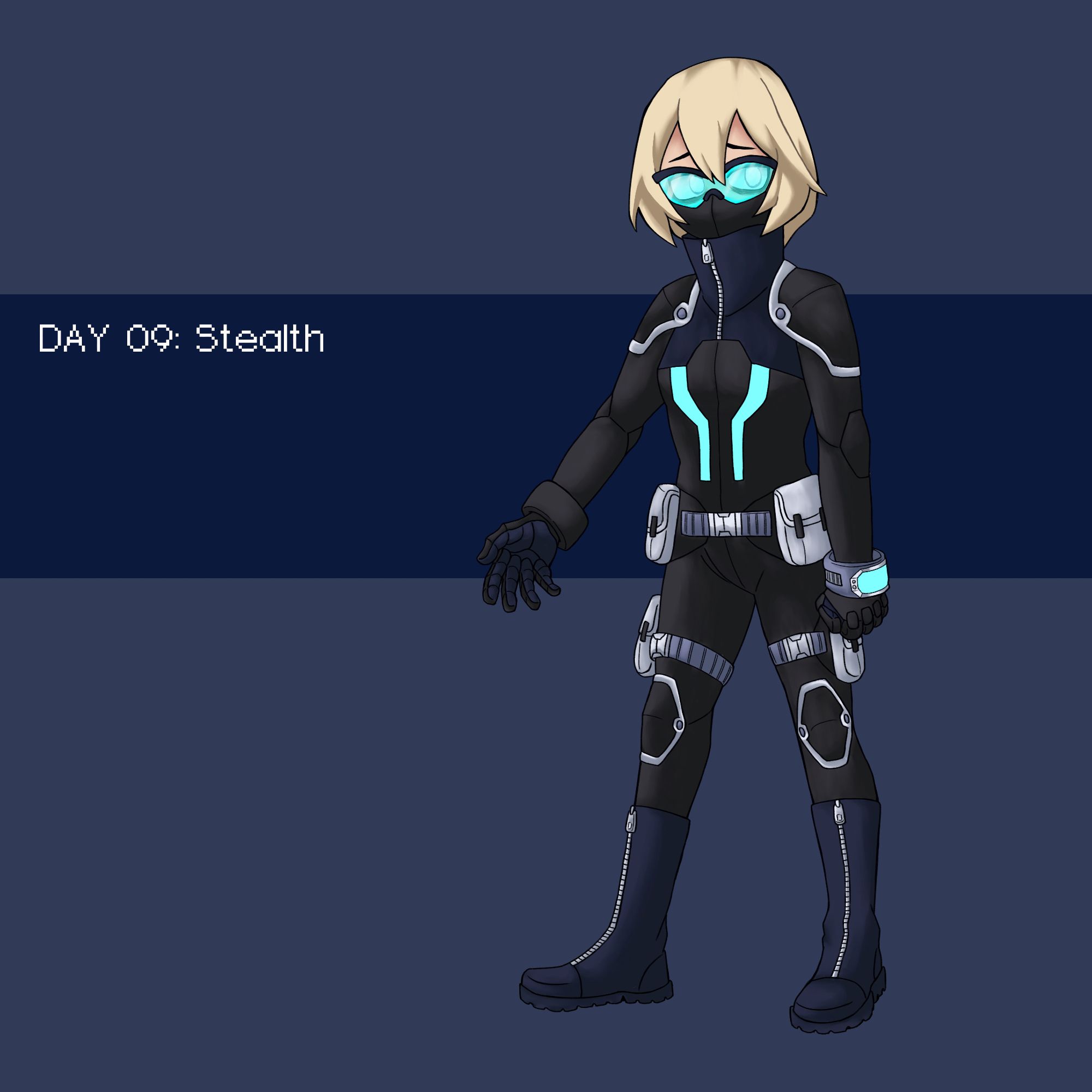 Day 09: Stealth‬
‪Here’s an alternate version of her #herocostume used specifically for Covert Ops. The only visual tell that her quirk is active is in eye colour, so her glasses are tinted in order to make it hard to see if it’s on or not.