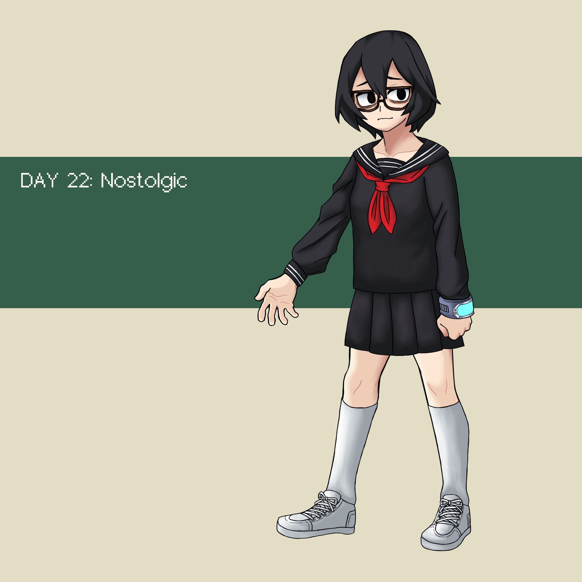 Day 22: Nostalgic‬
‪The next few aren’t part of the original list, but I’m gonna do them anyway. Here’s what she looked like back in middle school. Her hair used to be black, but she bleached it in order to reinvent herself before going to UA.