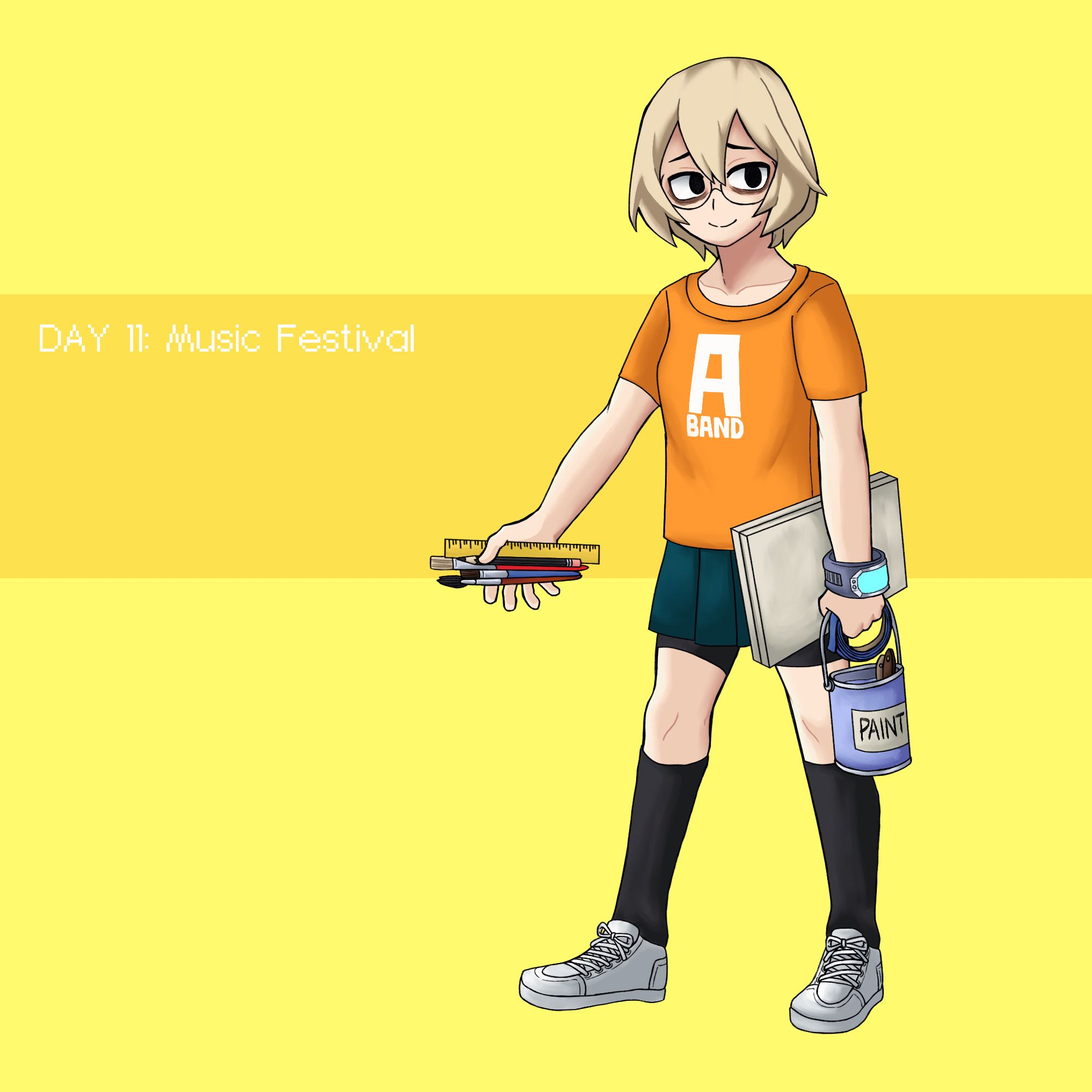 Day 11: Music Festival‬
‪Here’s what she’d wear to the UA School Festival. She’d be part of the staging team during the event as she has performance anxiety. Also, she always has bike shorts underneath whenever she wears a skirt or dress.