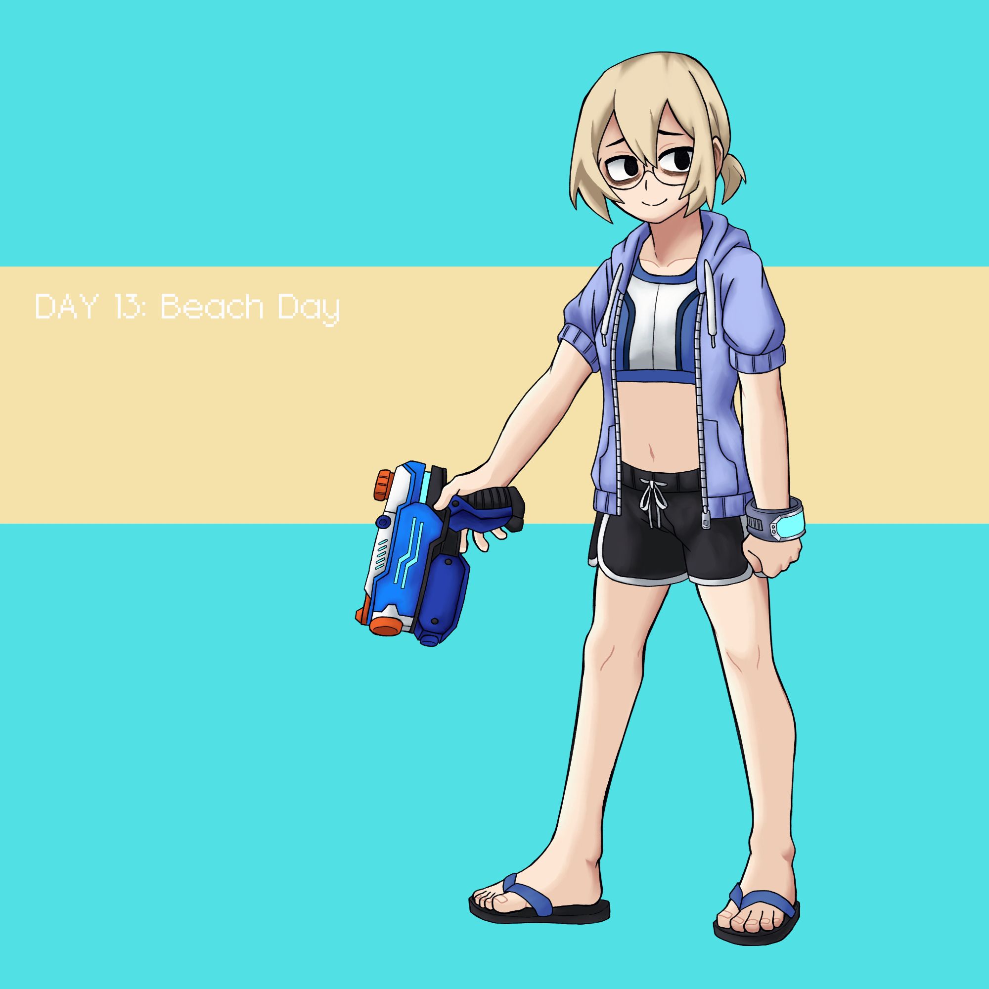 Day 13: Beach Day‬
‪This is her beach episode outfit. Was inspired by the summer water gun fight-themed designs from Takara Tomy Arts.