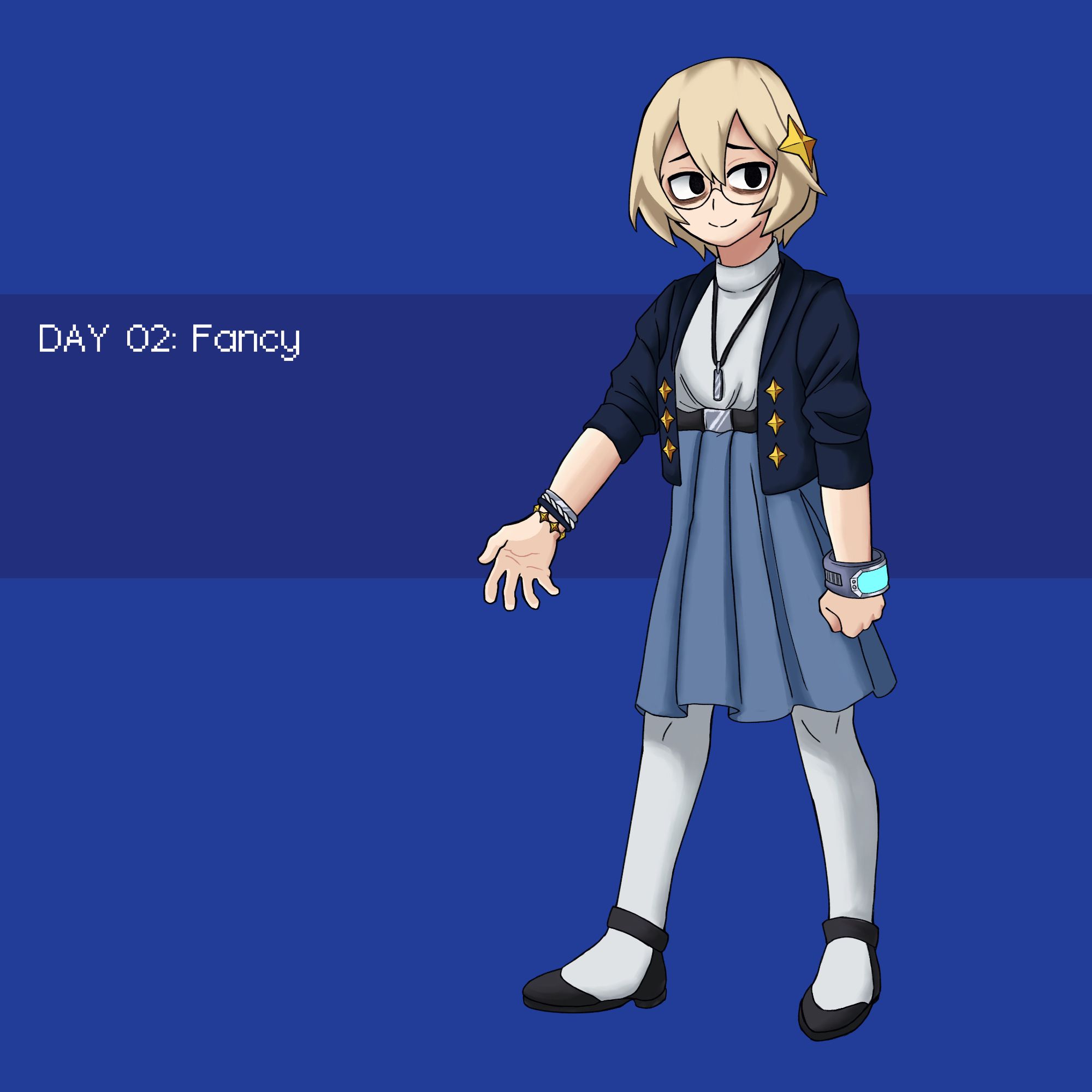 Day 02: Fancy
Here’s what she’d wear to the reception party that happens in the 1st BNHA movie. The clunky thing on her wrist is a support item that she needs to wear at all times to combat the side effects of her Quirk. #twoheroes #bokunoheroacademiatwoheroes