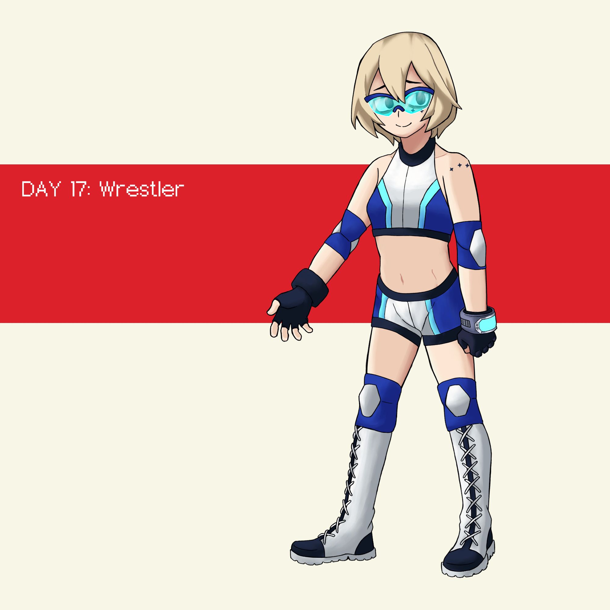 Day 17: Wrestler
Had a hard time coming up with stuff for this one, but here she is in a pro wrestling costume.