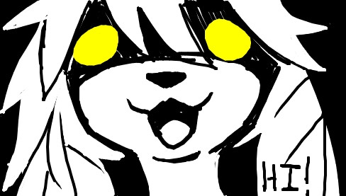 a black and white sketch, close-up of Fawkz, looking straight at the viewer with large, round, yellow eyes. No pupils just orbs. It is making a happy face at the viewer and text in the bottom right corner says "HI!"