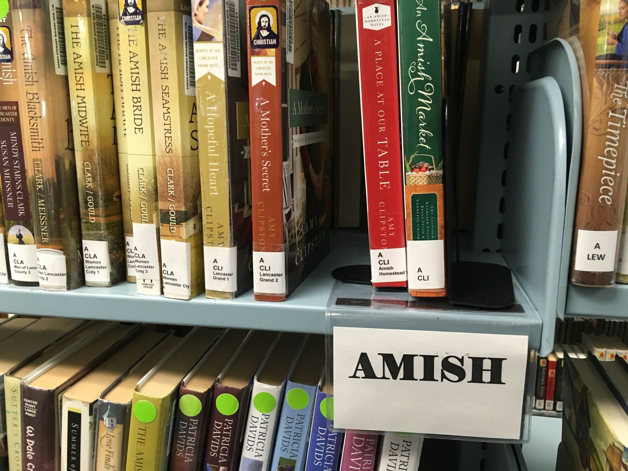 Sign on a library bookshelf reads “Amish” next to books - one is titled “The Amish Seamstress”