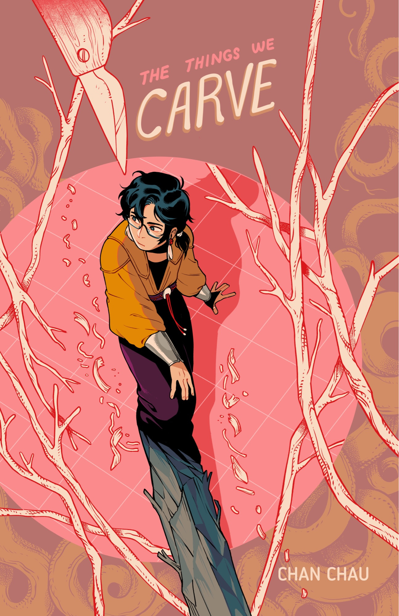 The cover image to my new comic, The Things we Carve. The character is sitting on a pink tiled ground, looking off in the distance while surrounded by branches and swirling roots. Wearing a yellow tunic and dark magenta pants, their legs look like they’re being slowly carved out from a branch.